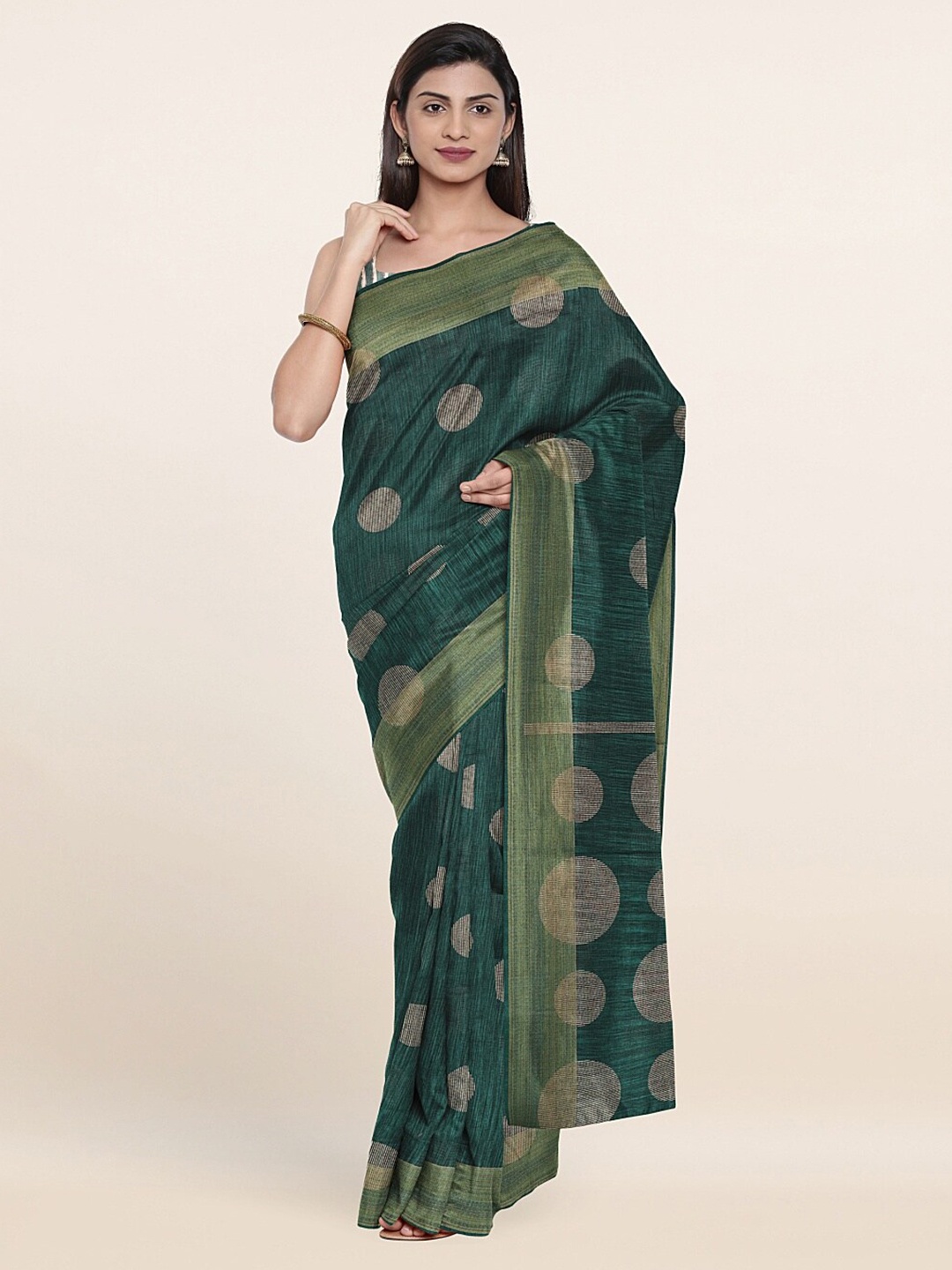 

Pothys Green & Gold-Toned Polka Dots Printed Zari Border Saree