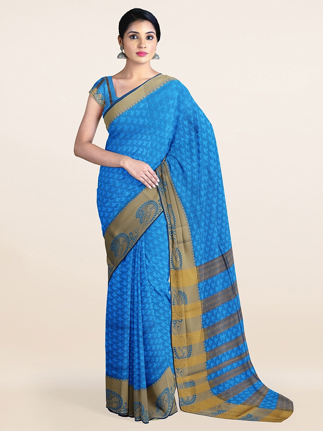 

Pothys Blue & Gold-Toned Ethnic Motifs Zari Saree