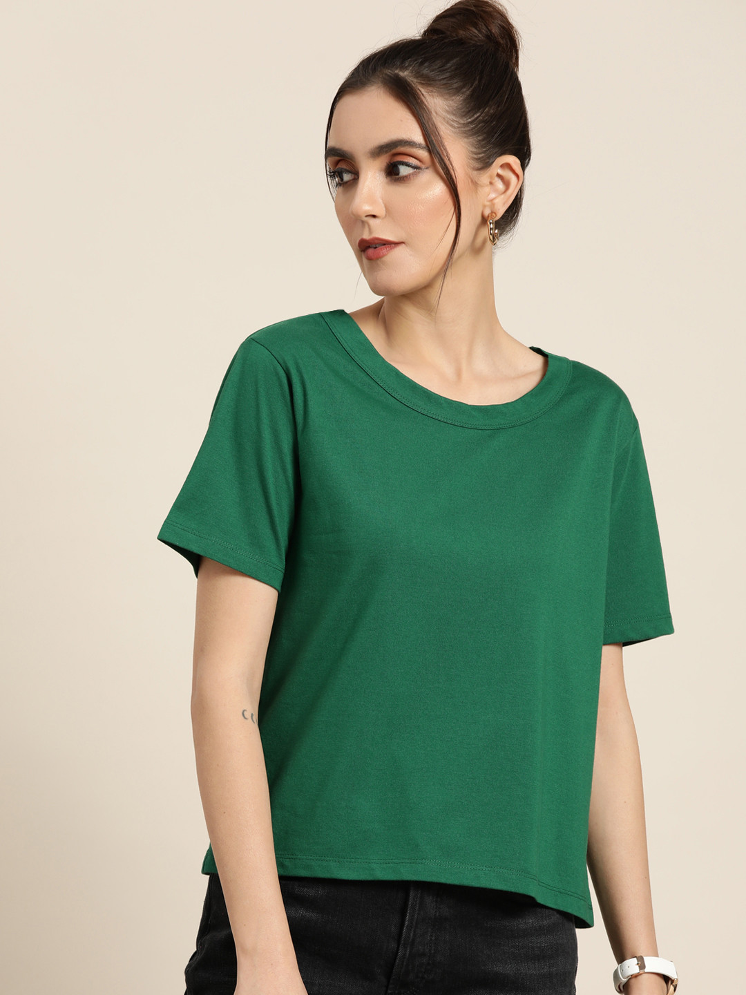 

Moda Rapido Women Green Pure Cotton T-shirt