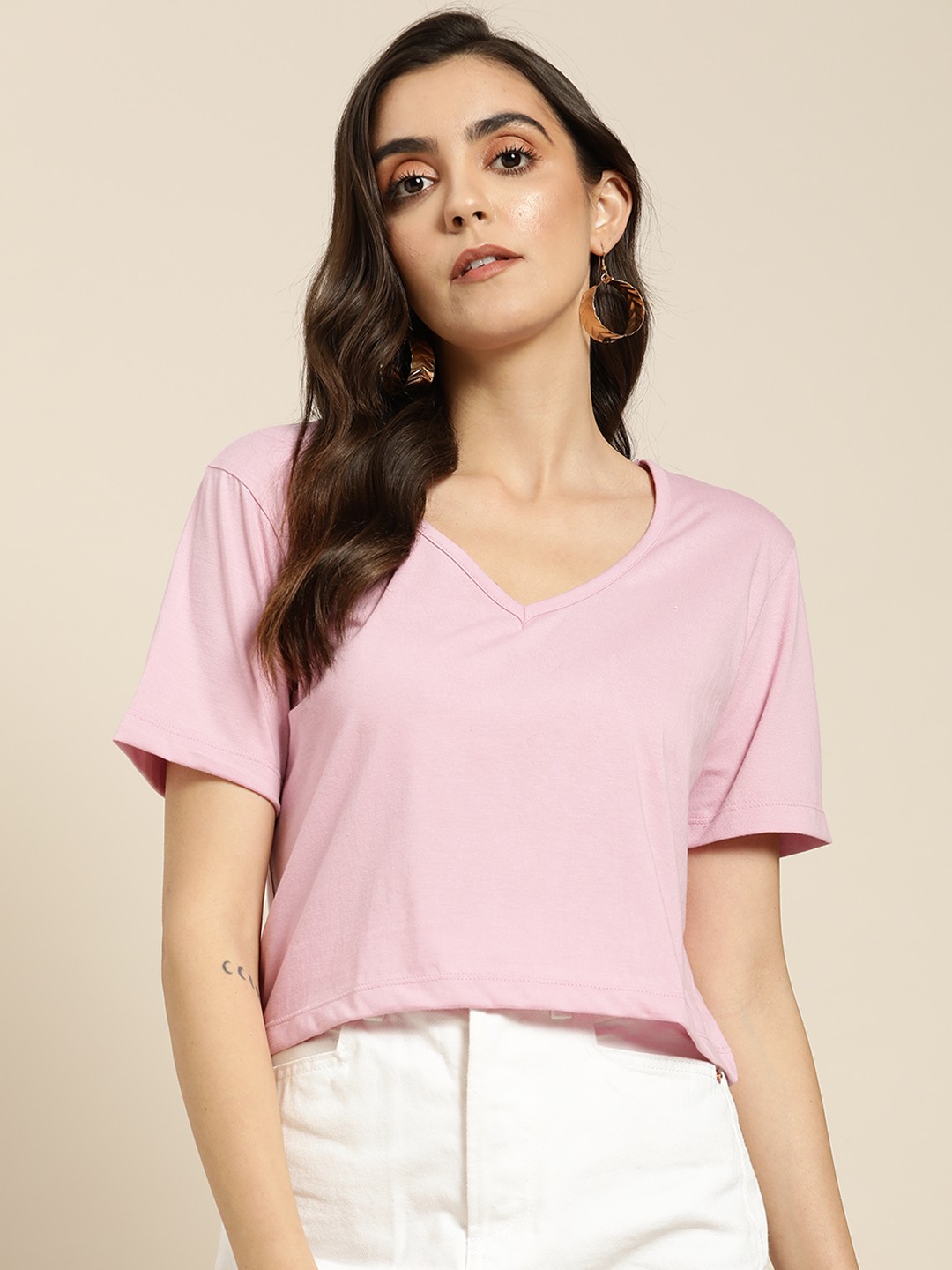 

Moda Rapido Women Pink V-Neck Crop T-shirt