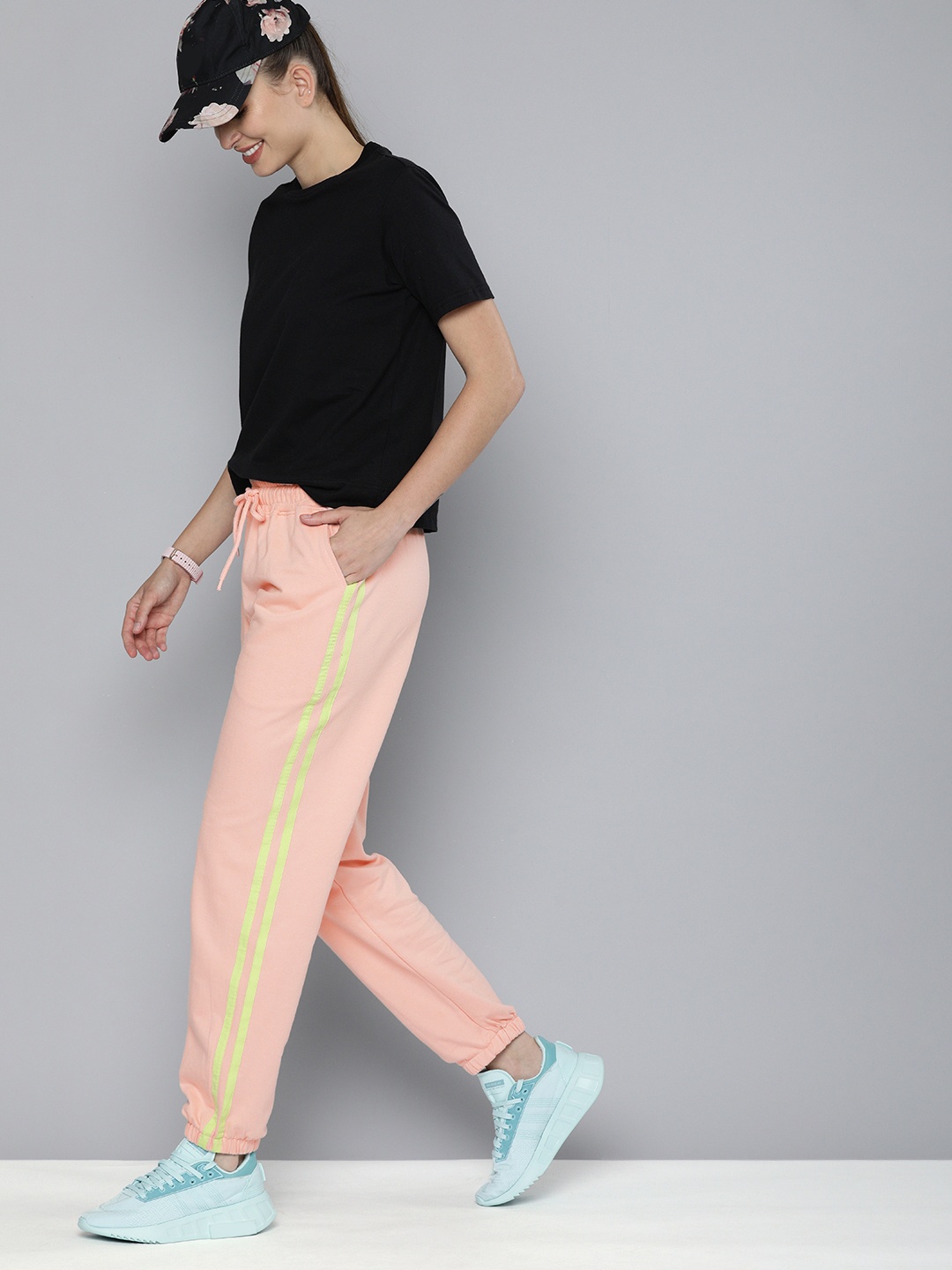 

HERE&NOW Women Peach & Neon Colourblocked Side Stripe Mid Rise Casual Joggers