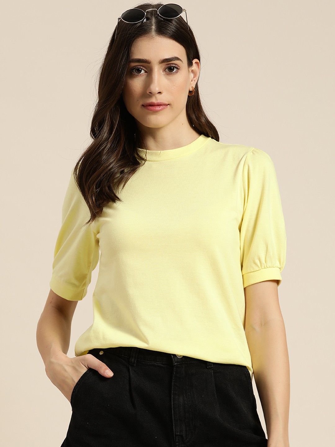 

Moda Rapido Women Yellow Puff Sleeves T-shirt