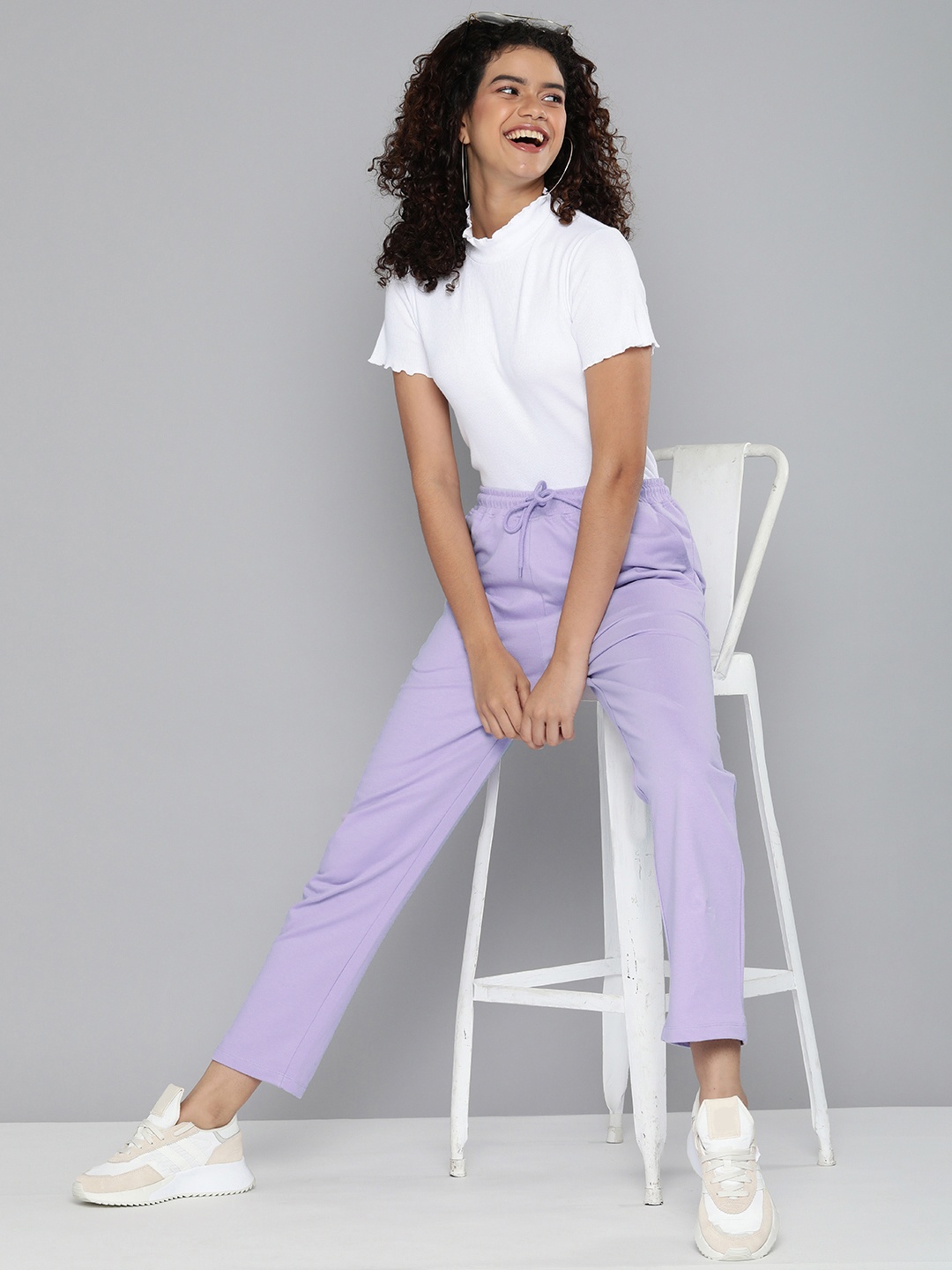 

HERE&NOW Women Lavender Solid Regular Fit High-Rise Knitted Pure Cotton Track Pants