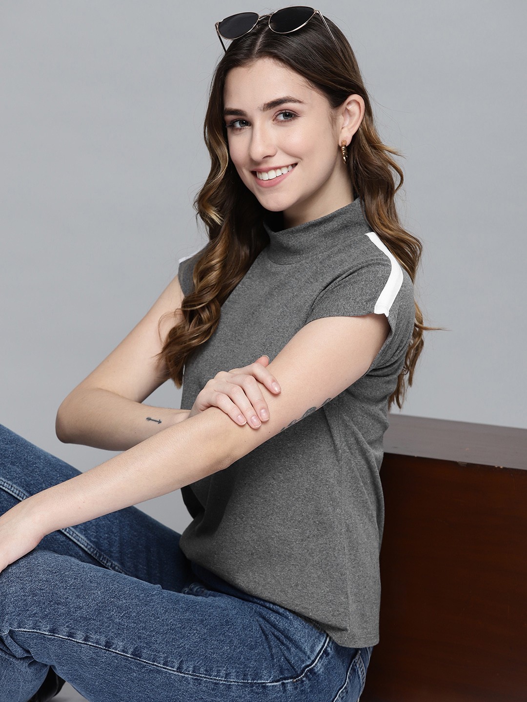 

HERE&NOW Women Grey & White High Neck Extended Sleeves Solid T-shirt