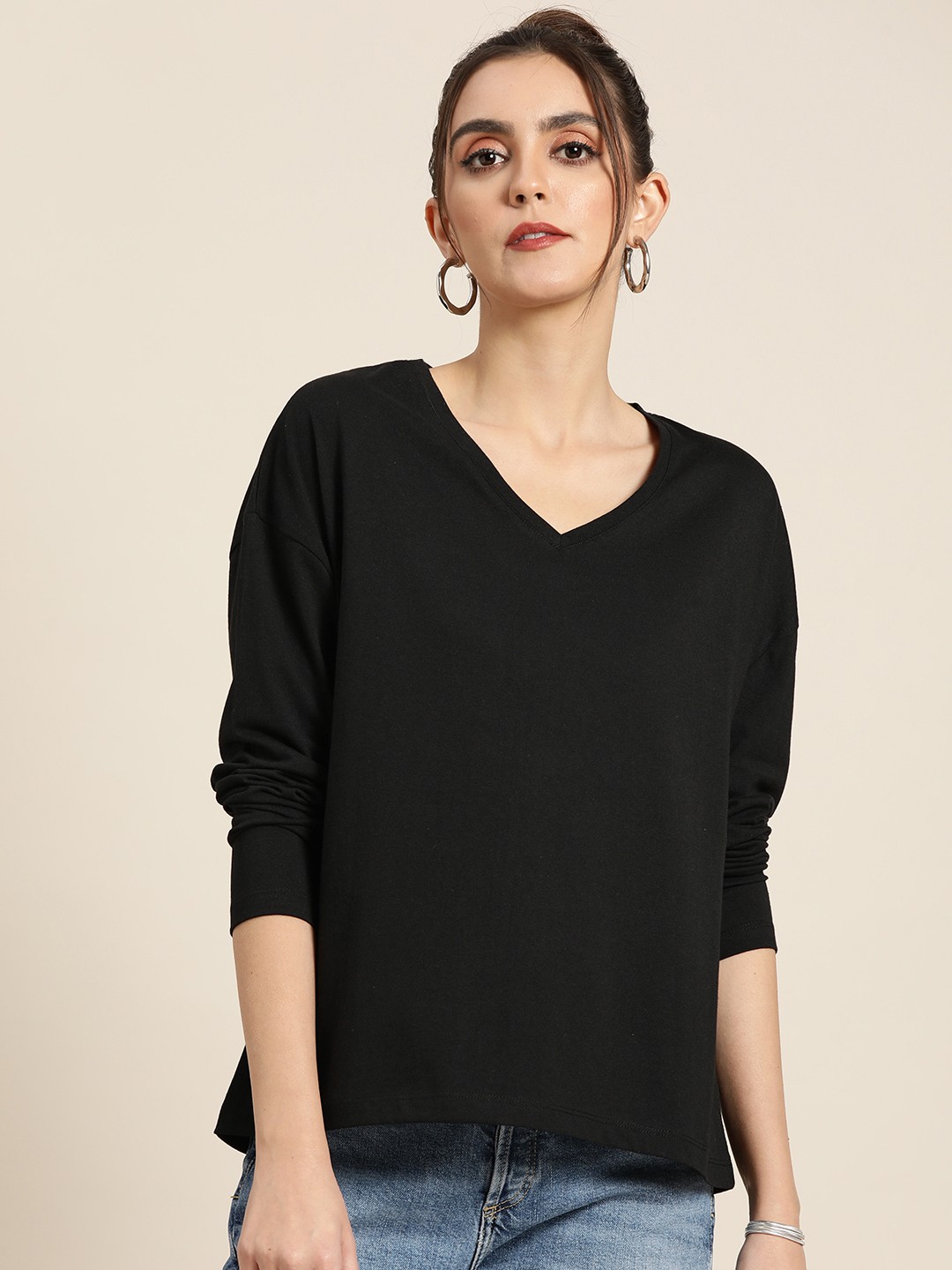

Moda Rapido Women Black V-Neck Pure Cotton T-shirt