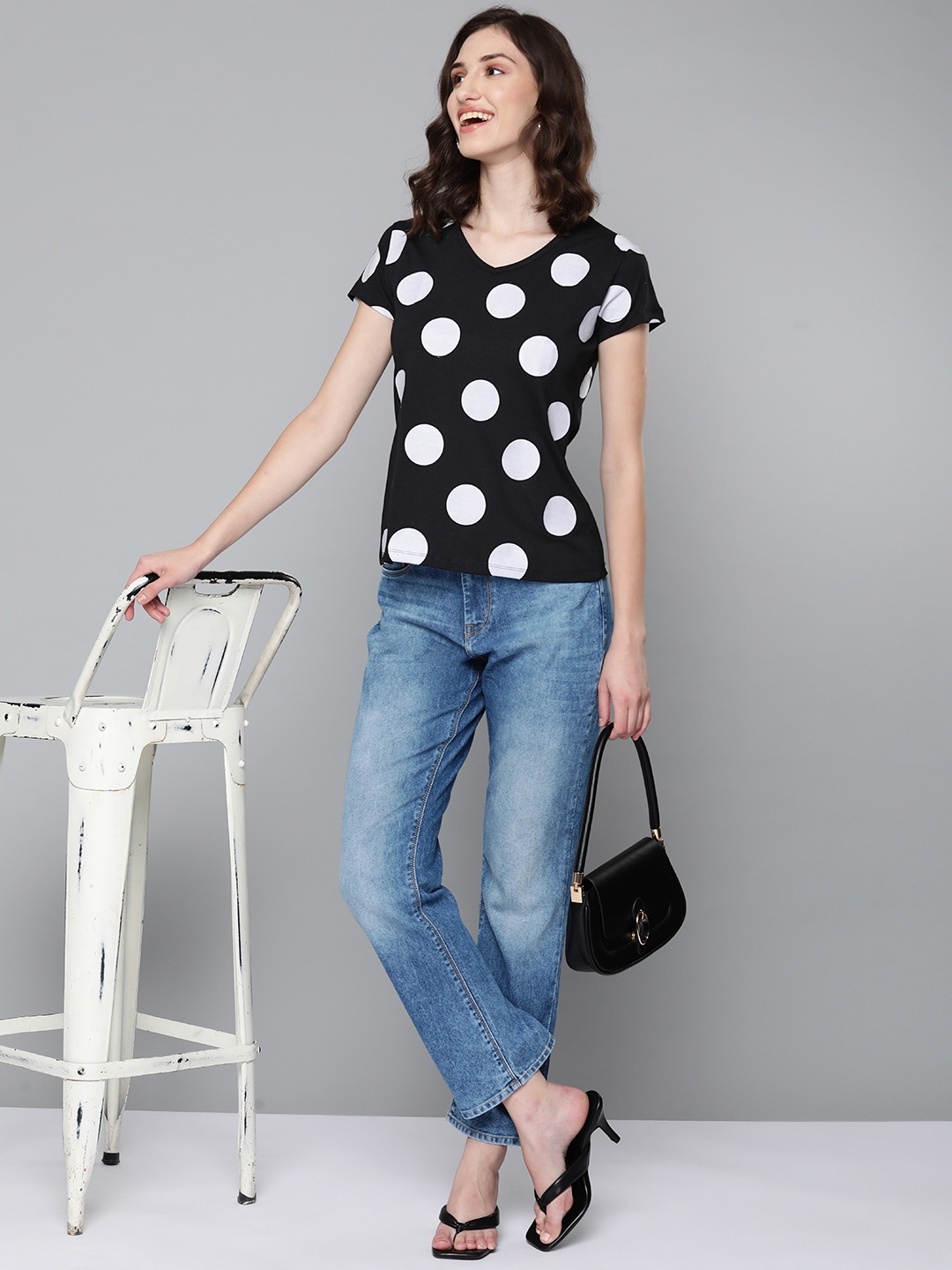 

HERE&NOW Women Black & White Polka Dots Printed V-Neck T-shirt