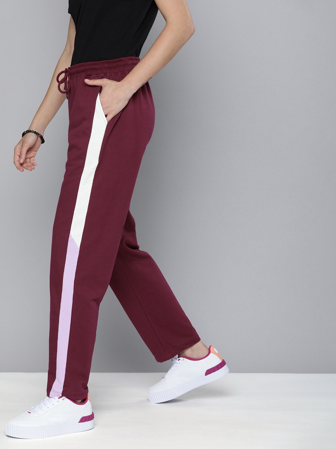 

HERE&NOW Women Burgundy & White Colourblocked Side Stripe Mid Rise Casual Track Pants