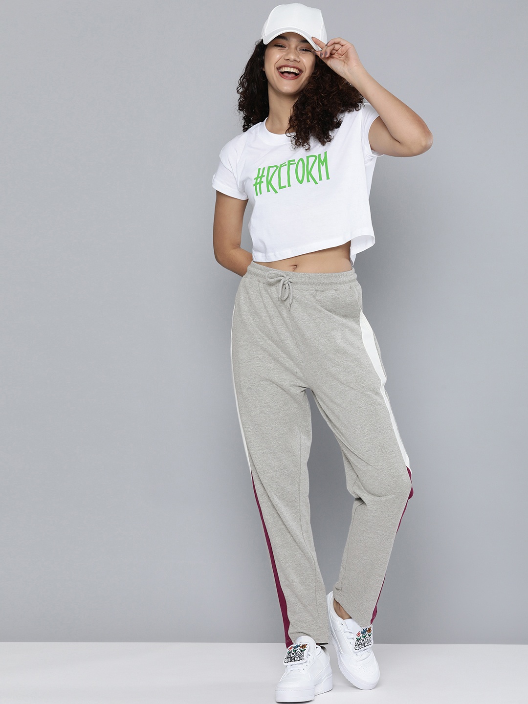 

HERE&NOW Women Grey Melange Solid Mid-Rise Regular Track Pants With Side Stripes