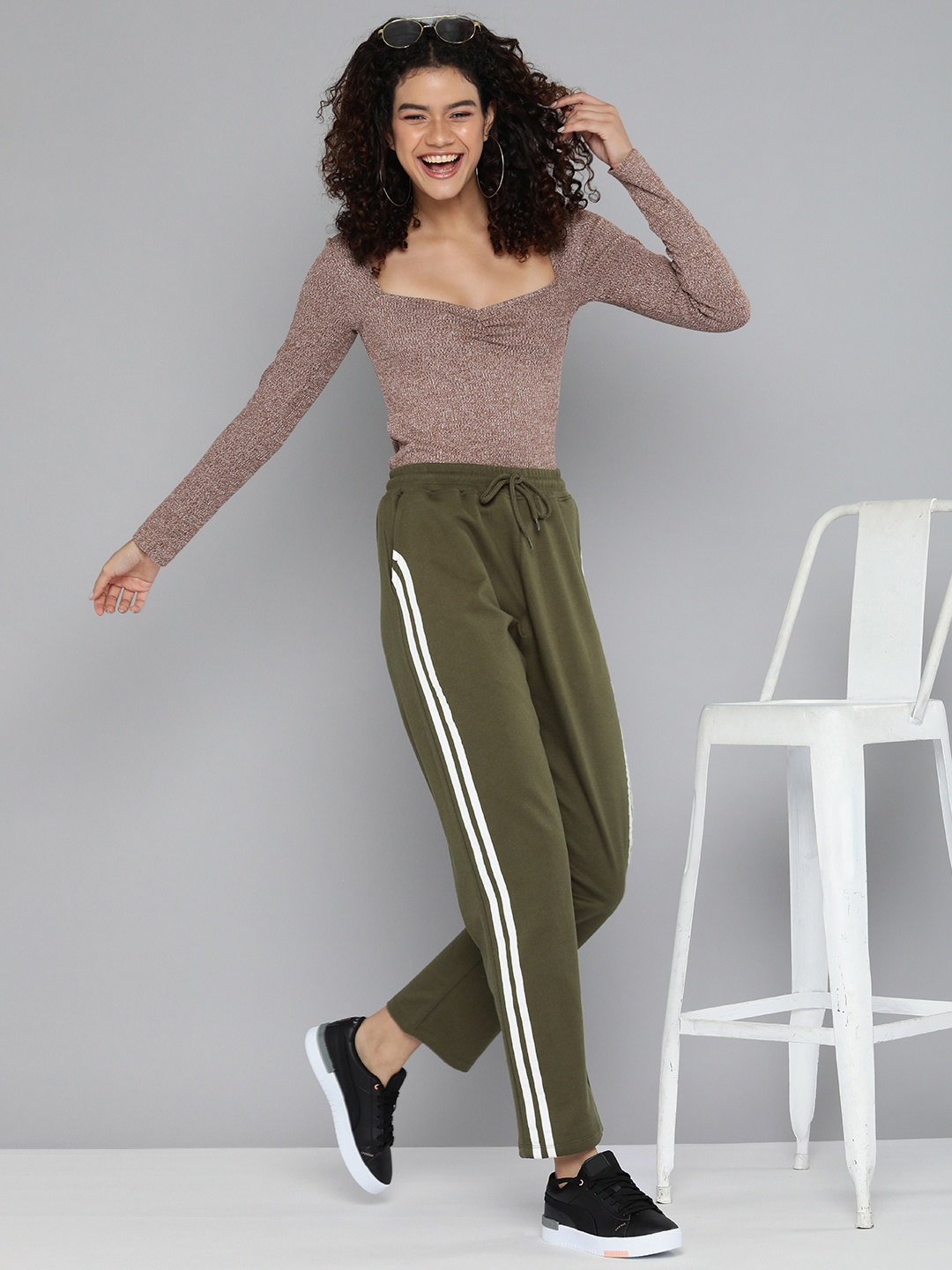 

HERE&NOW Women Olive Green Regular Fit High-Rise Pure Cotton Track Pants with Side Tape