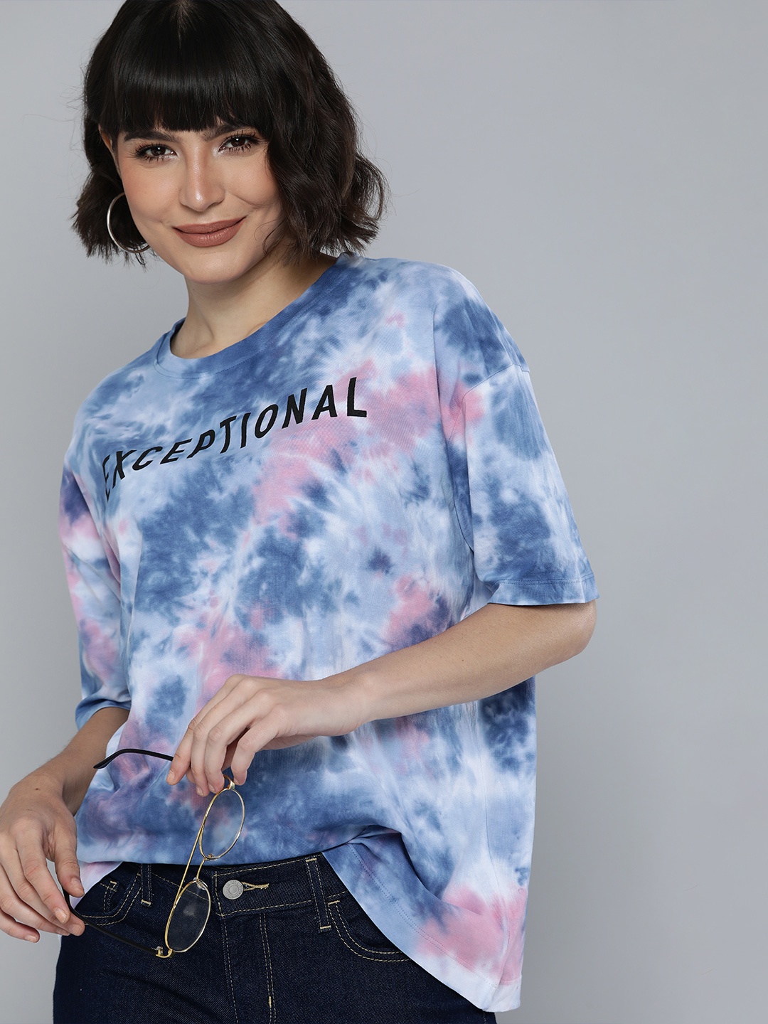 

HERE&NOW Women Blue & Pink Tie and Dye Drop-Shoulder Sleeves Pure Cotton T-shirt