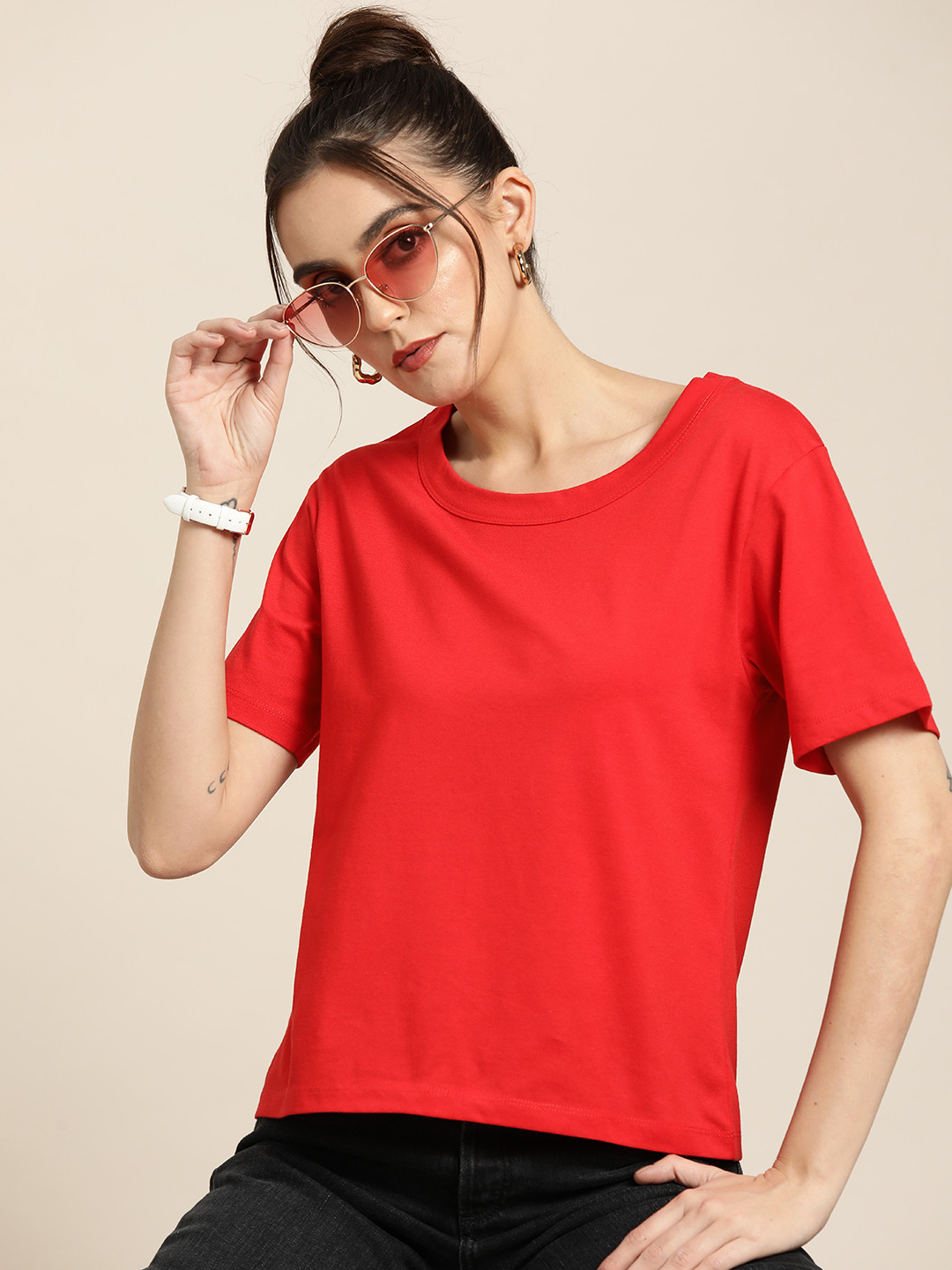 

Moda Rapido Women Red Pure Cotton T-shirt