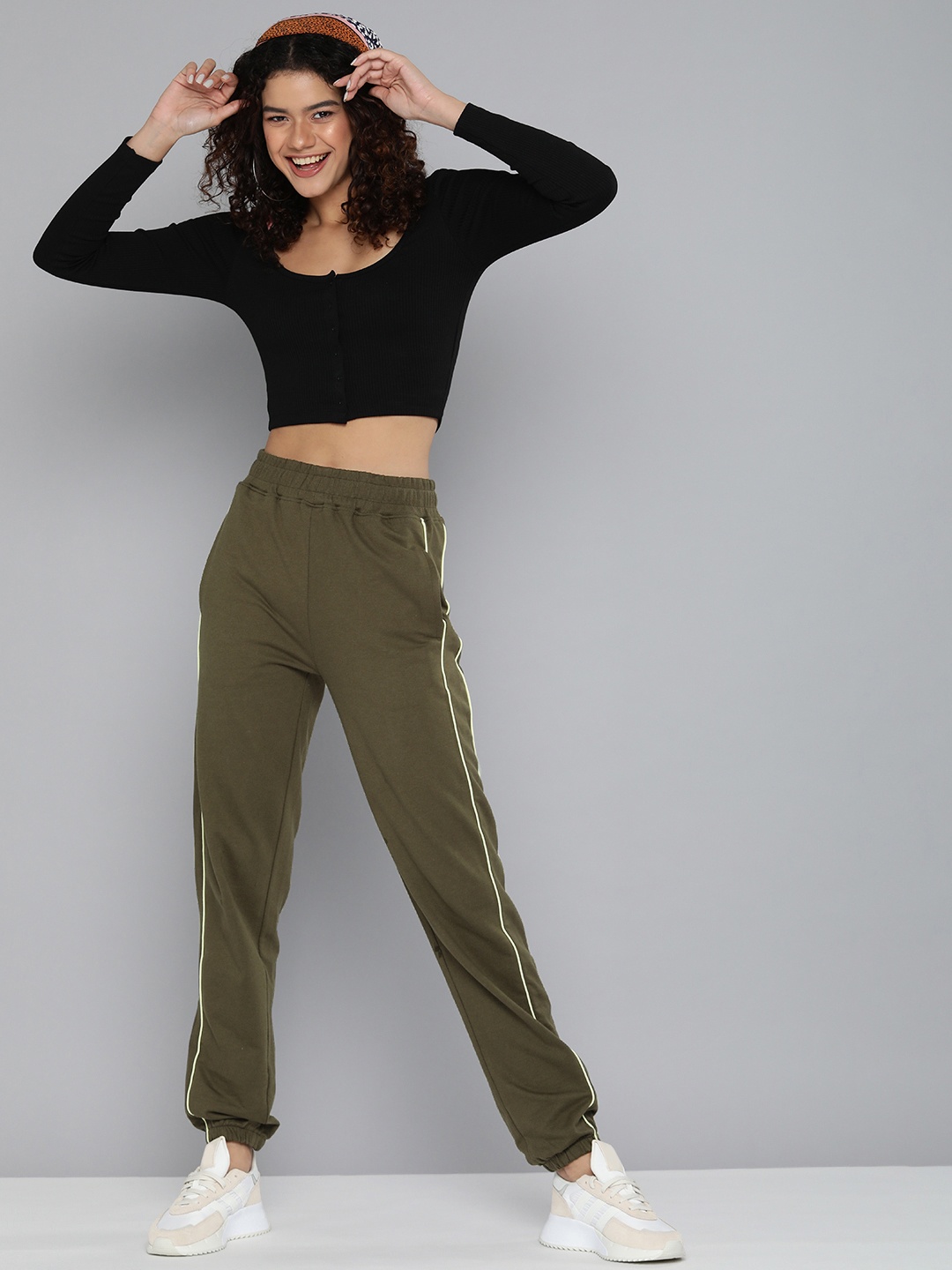 

HERE&NOW Women Olive Green Solid Regular Fit High-Rise Knitted Pure Cotton Joggers