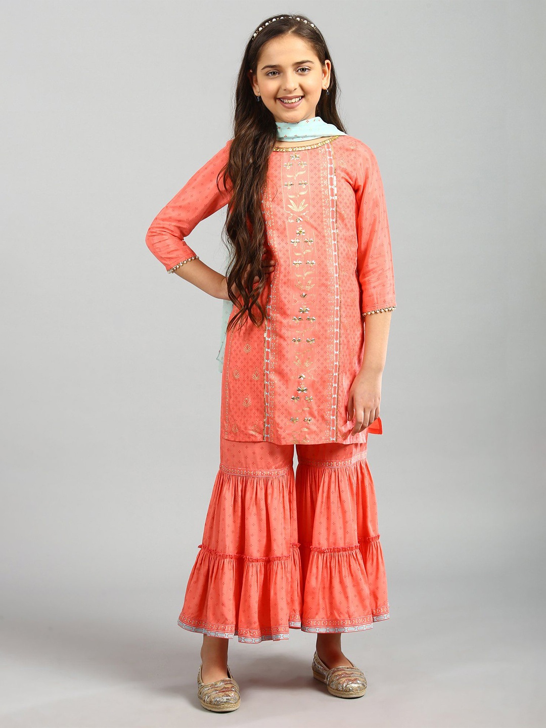 

AURELIA Girls Peach-Coloured Ethnic Motifs Embroidered Panelled Thread Work Kurta with Sharara & With