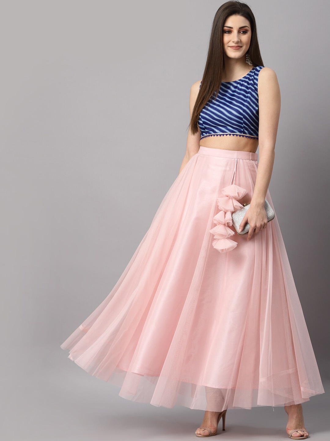 

NEUDIS Women Pink Solid Soft Net Flared Maxi Lehenga Skirt