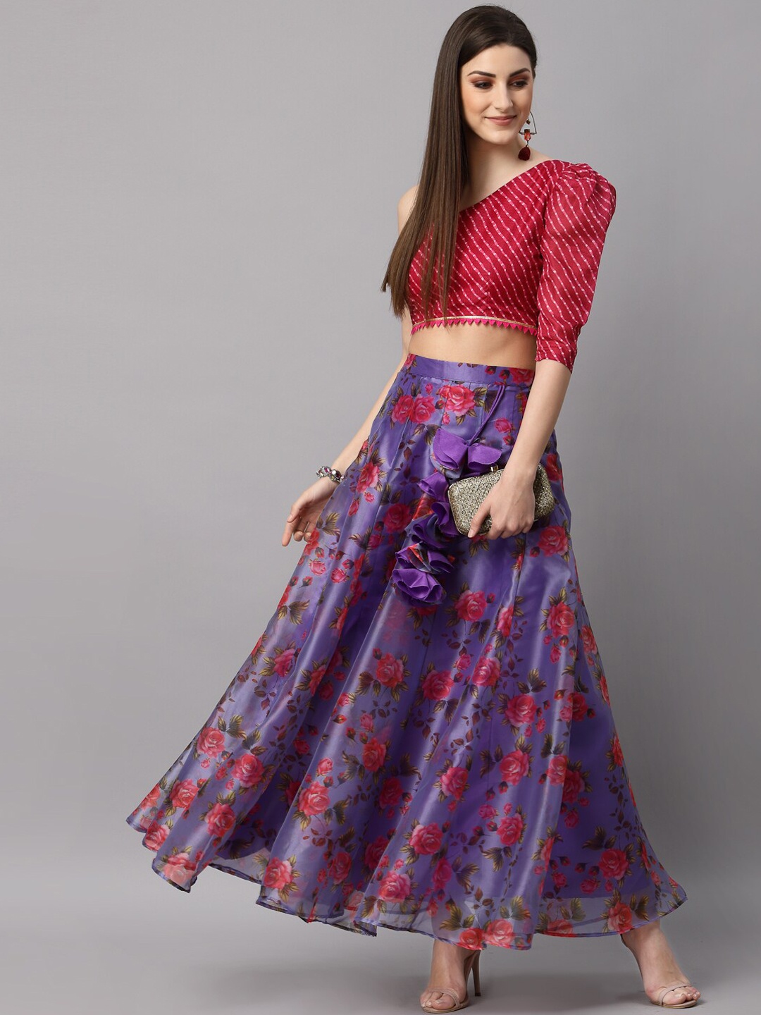 

NEUDIS Women Purple & Red Floral Printed Flared Maxi Lehenga Skirt