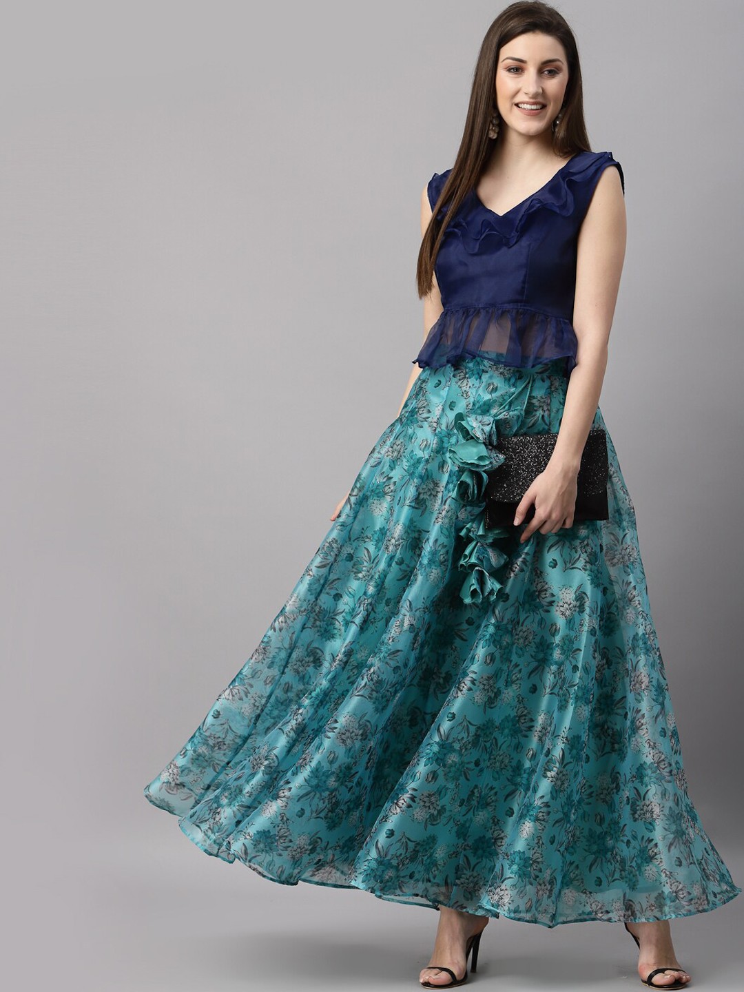 

NEUDIS Women Turquoise Blue Floral Print Flared Maxi Lehenga Skirt