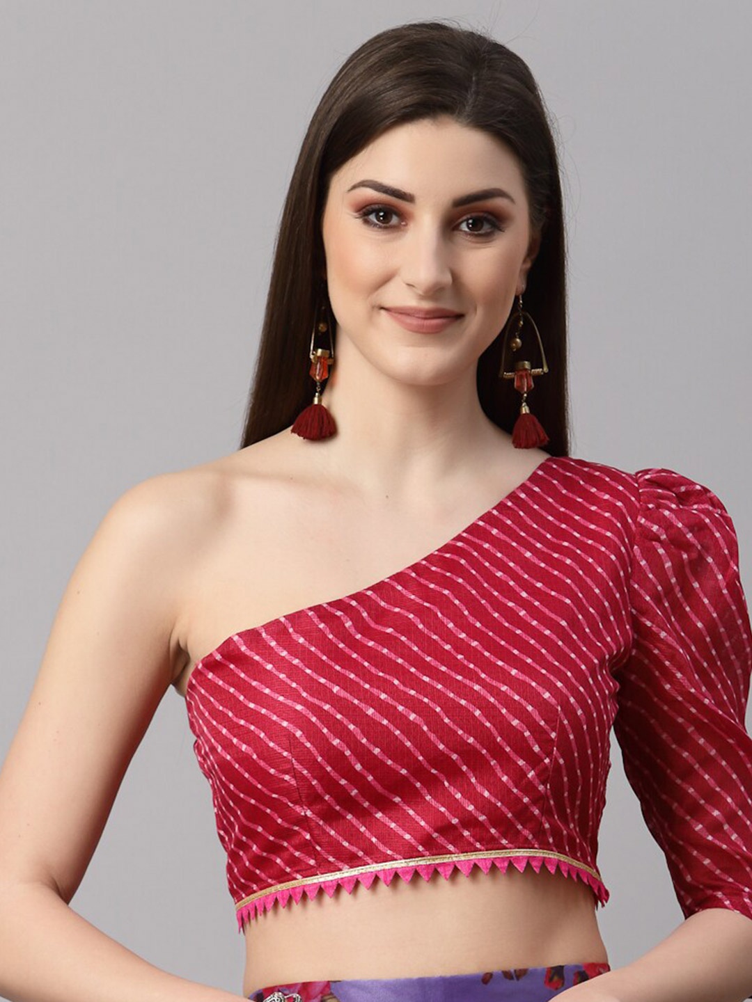 

NEUDIS Women Cotton Red Embellished One Shoulder Lehariya Fitted Blouson Crop Top