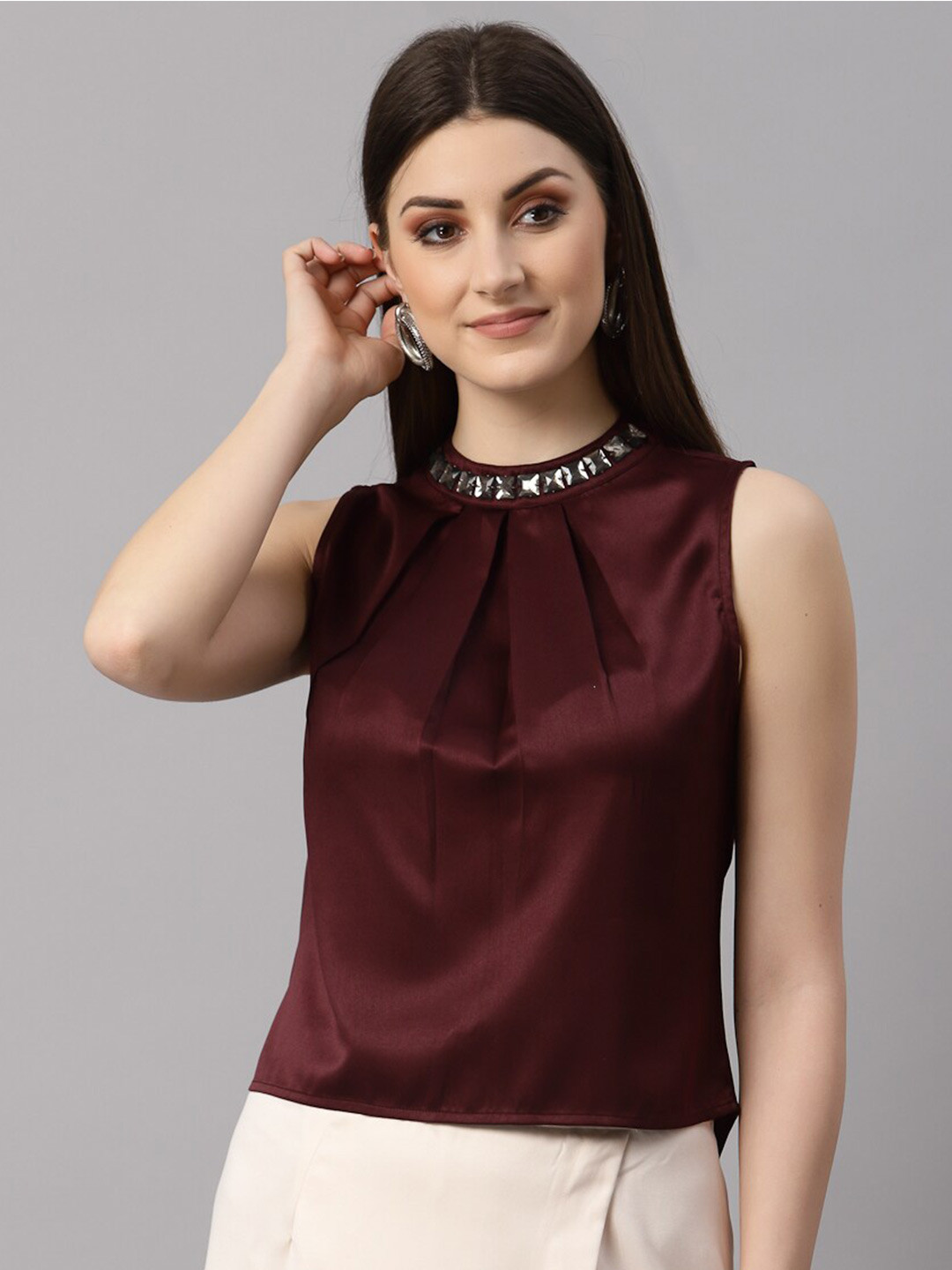 

NEUDIS Burgundy Solid Embellished Satin A-Line Top