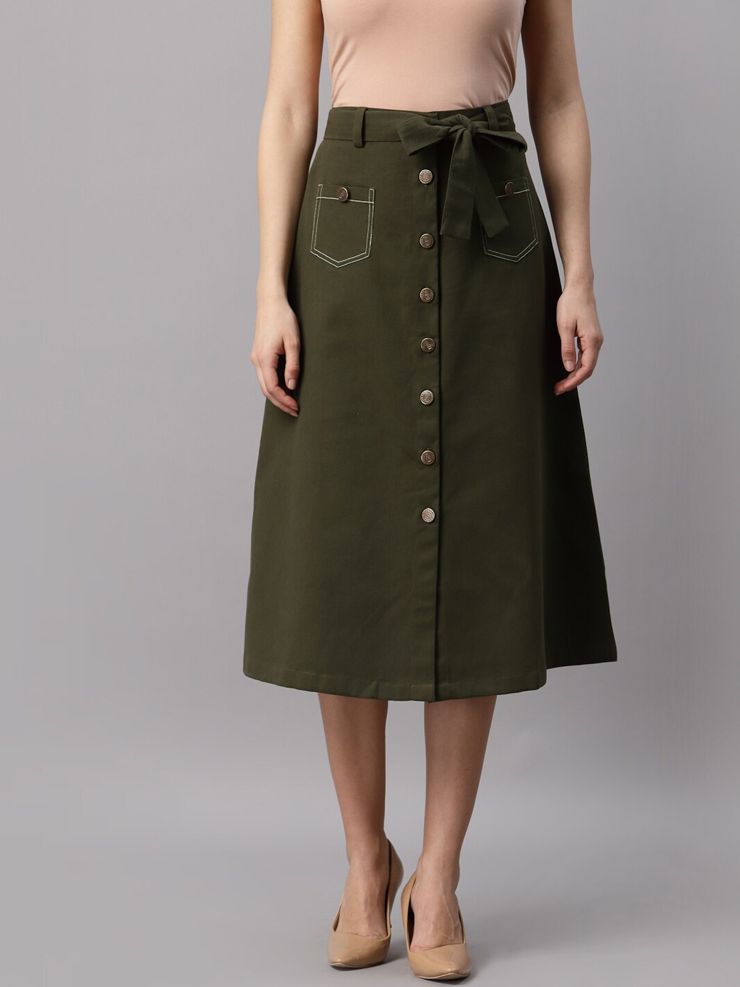 

NEUDIS Women Olive Green Cotton Twill Midi A-Line Skirt