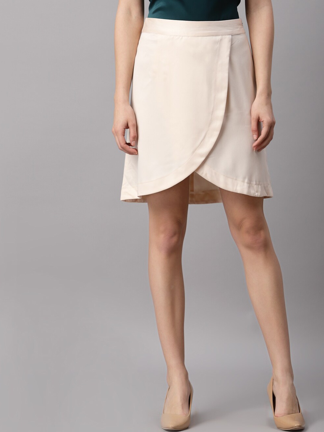 

NEUDIS Women Beige Solid Tulip Satin Finish Wrap Mini Skirt