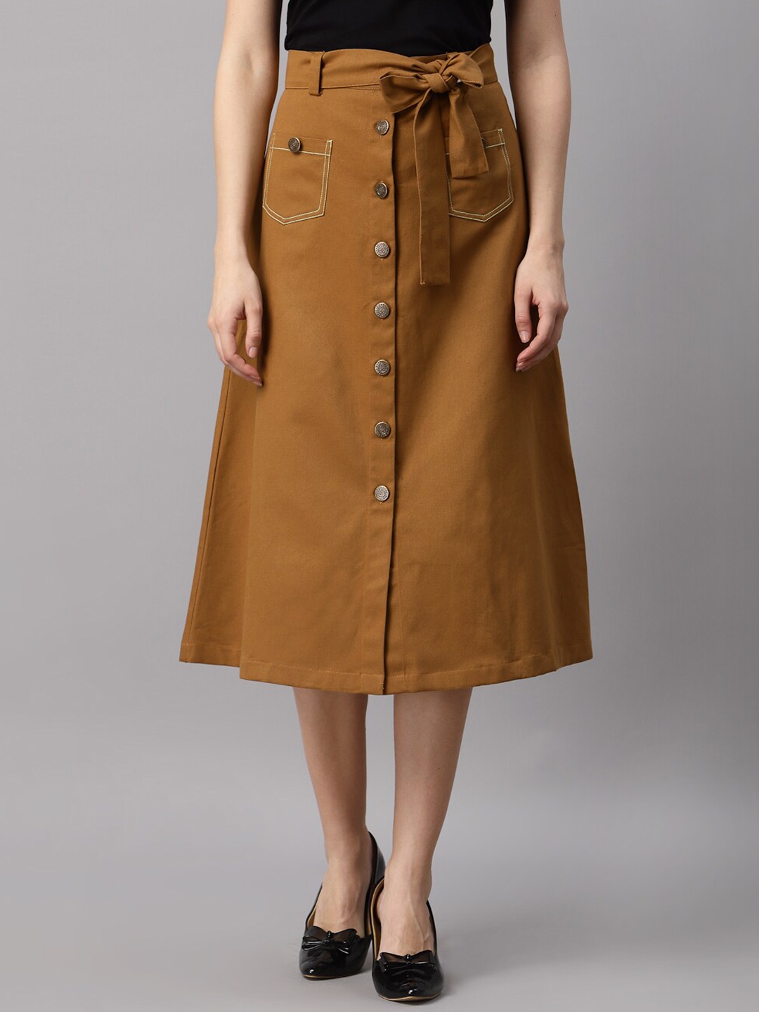 

NEUDIS Women Brown Cotton Twill Midi A-Line Skirt