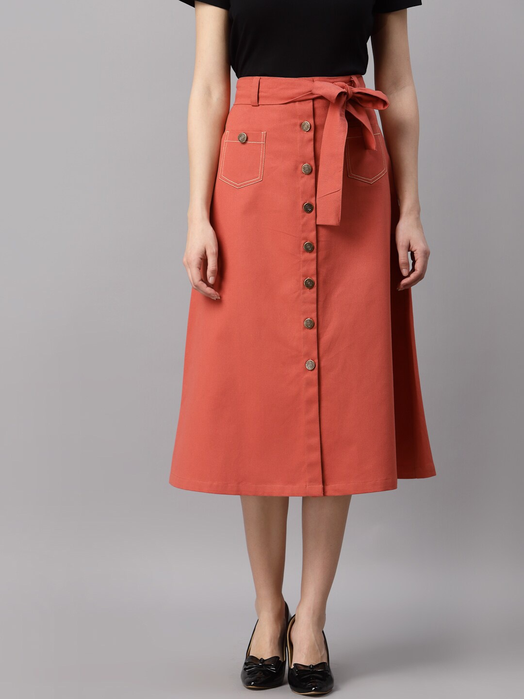 

NEUDIS Women Rust Orange Solid Twill Pure Cotton Denim A-Line Midi Skirt