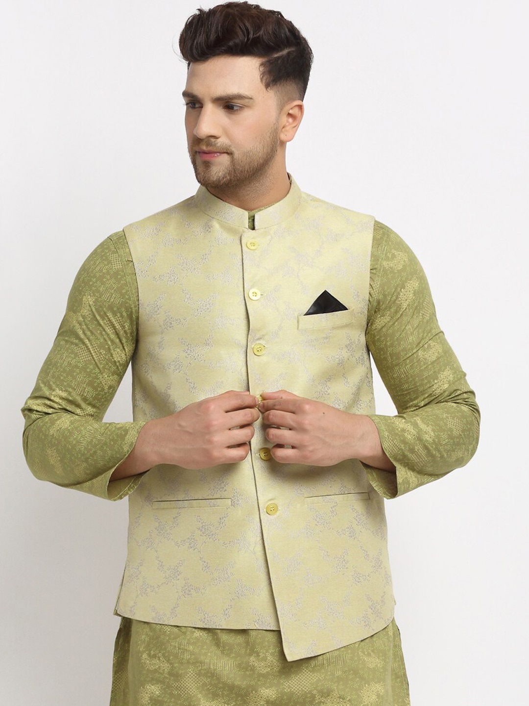 

NEUDIS Men Green Woven Design Jacquard Nehru Jacket