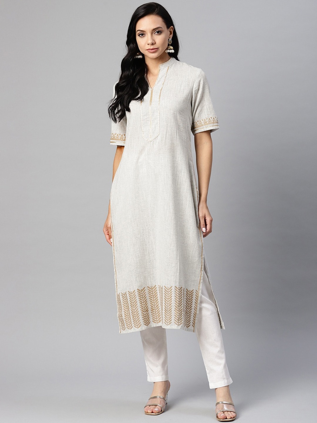 

Tulsattva Women Grey Striped Pure Cotton Kurta with Trousers