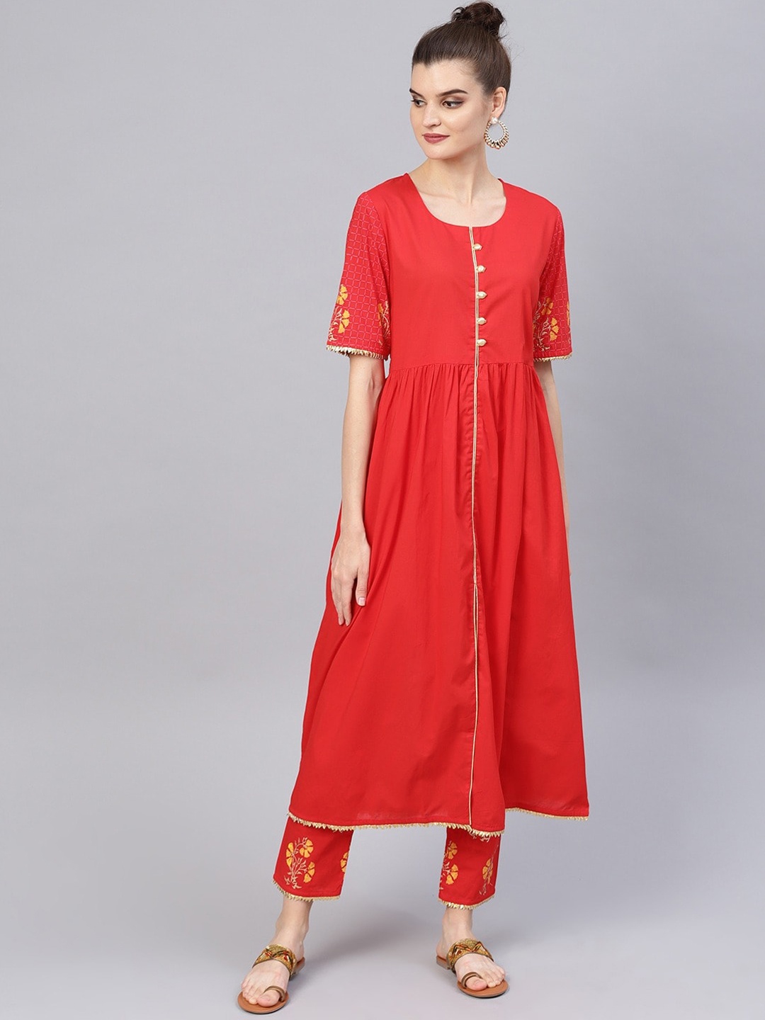 

Tulsattva Women Red Pleated Pure Cotton Kurta with Trousers