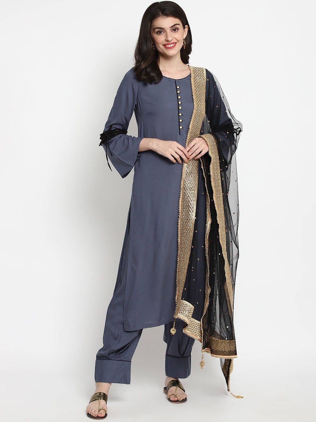 

Tulsattva Women Grey Kurta with Trousers & With Dupatta
