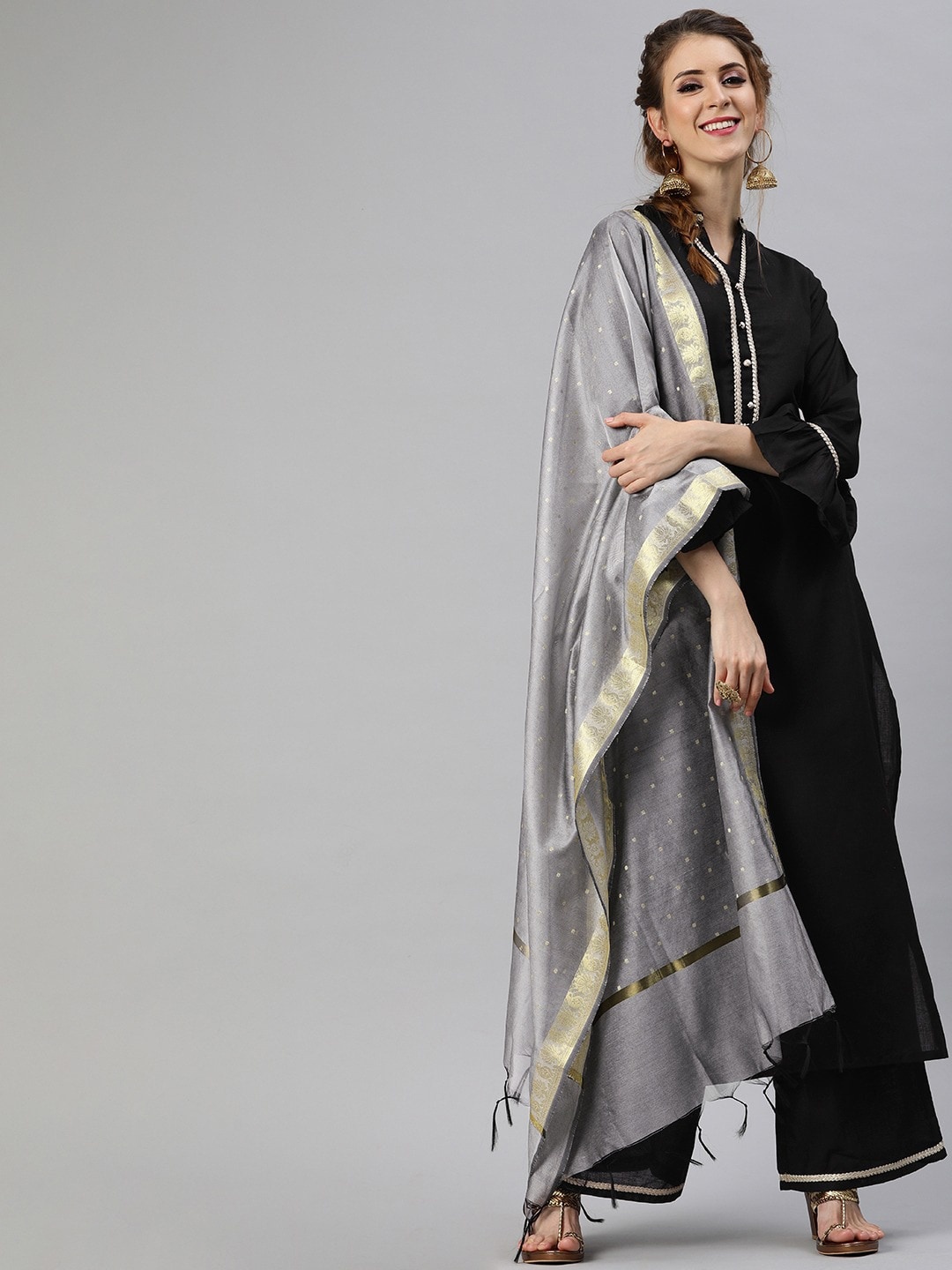 

Tulsattva Women Black Pure Cotton Kurta with Trousers & Dupatta