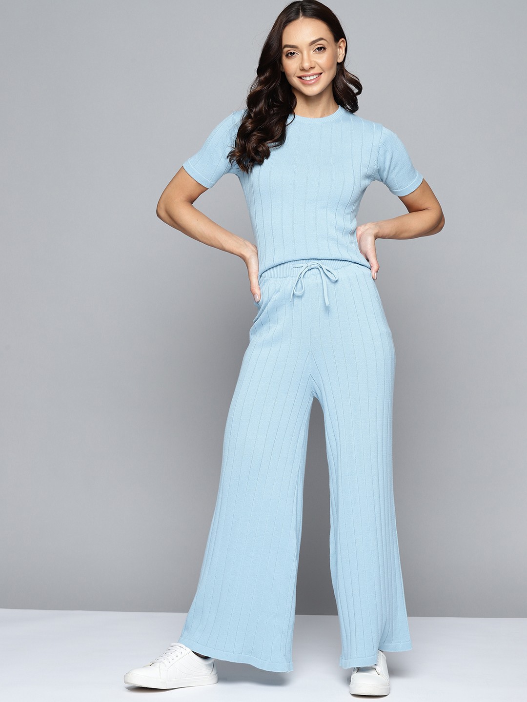 

M&H Easy Women Blue Self Striped Pure Cotton Tshirt with Trousers