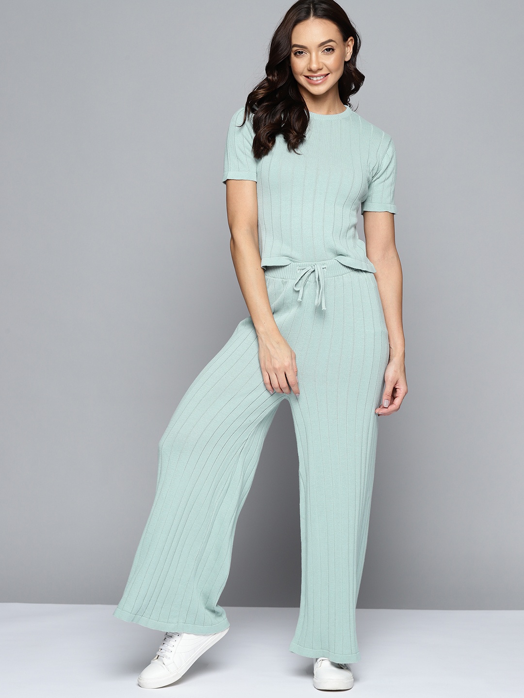 

M&H Easy Women Blue Self Striped Pure Cotton Tshirt with Trousers