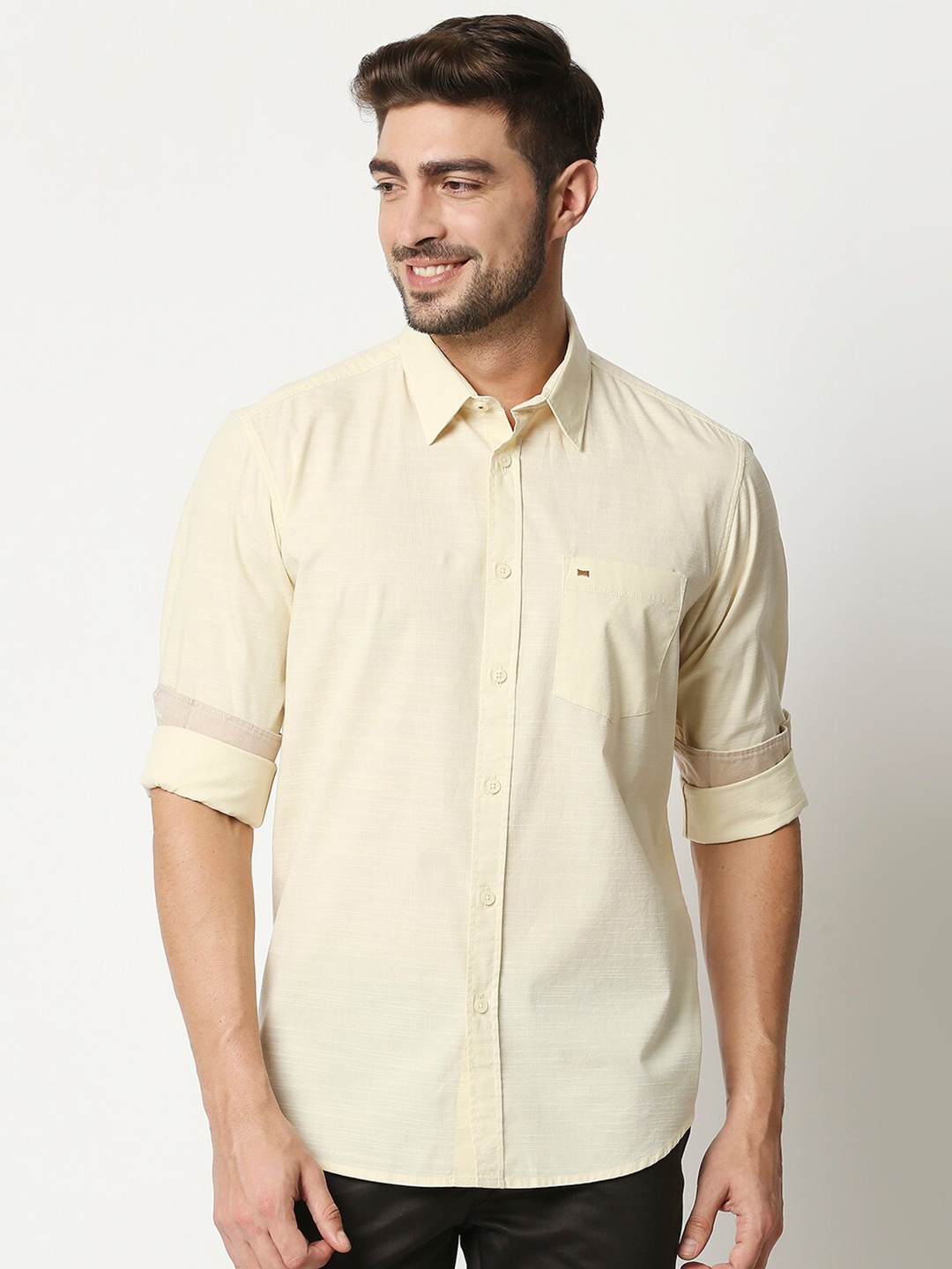 

Basics Men Beige Slim Fit Pure Cotton Casual Shirt