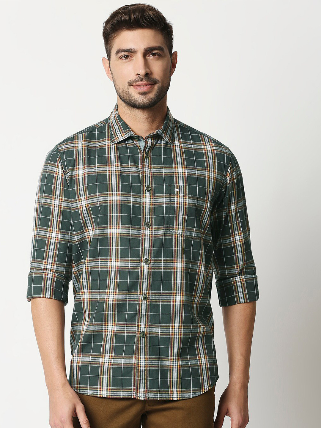 

Basics Men Green Slim Fit Tartan Checks Checked Cotton Casual Shirt