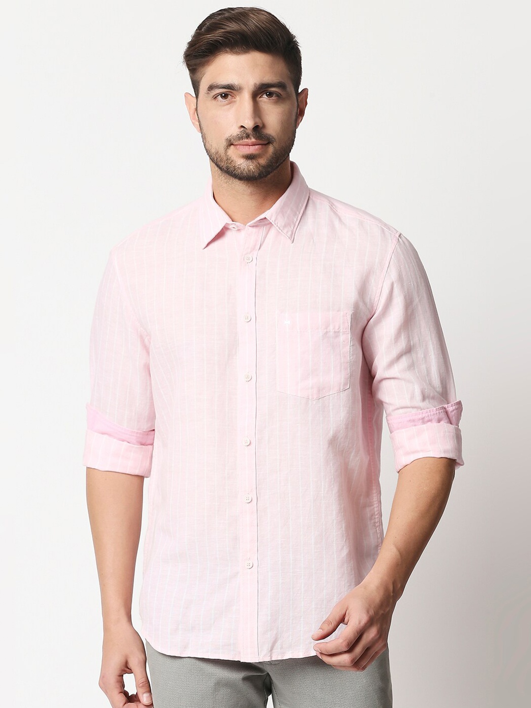 

Basics Men Pink Slim Fit Striped Cotton Linen Casual Shirt
