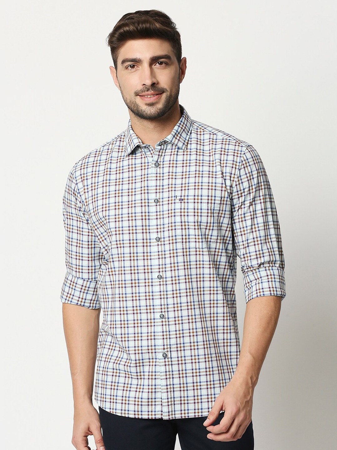

Basics Men Blue Slim Fit Checked Cotton Casual Shirt