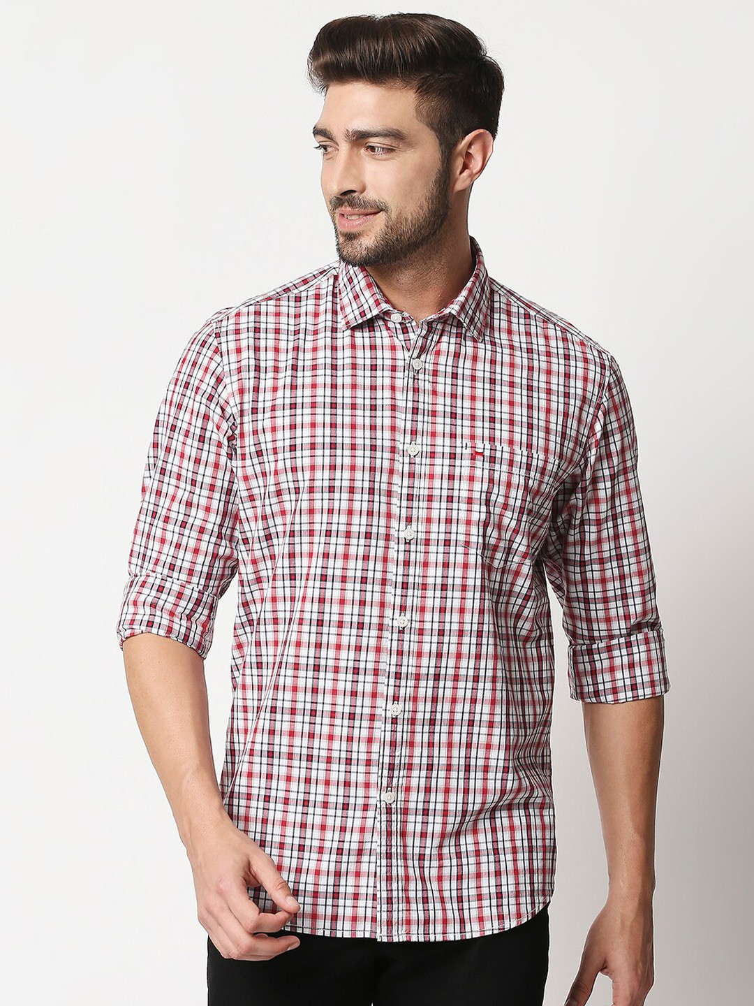 

Basics Men Red Slim Fit Tartan Checks Checked Cotton Casual Shirt