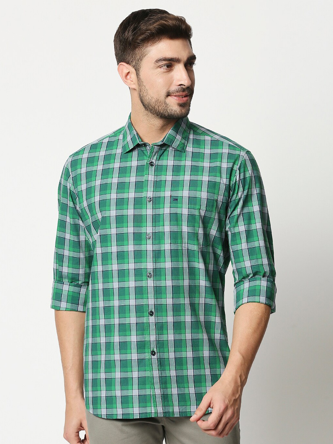 

Basics Men Green Slim Fit Tartan Checks Checked Casual Shirt