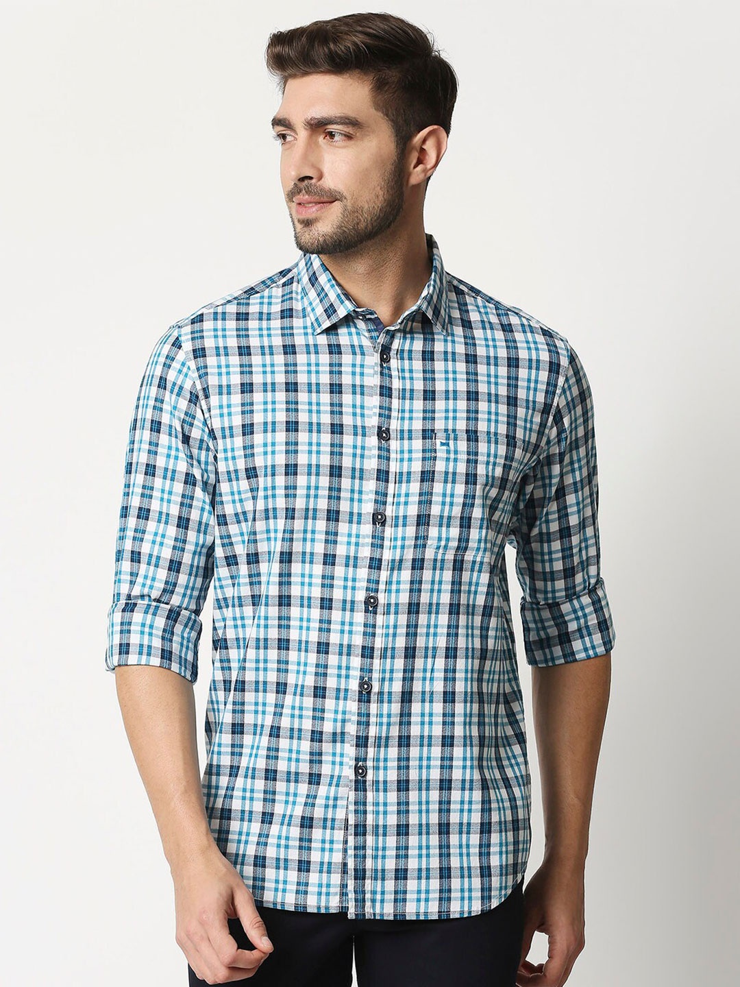 

Basics Men Blue Slim Fit Cotton Checked Casual Shirt