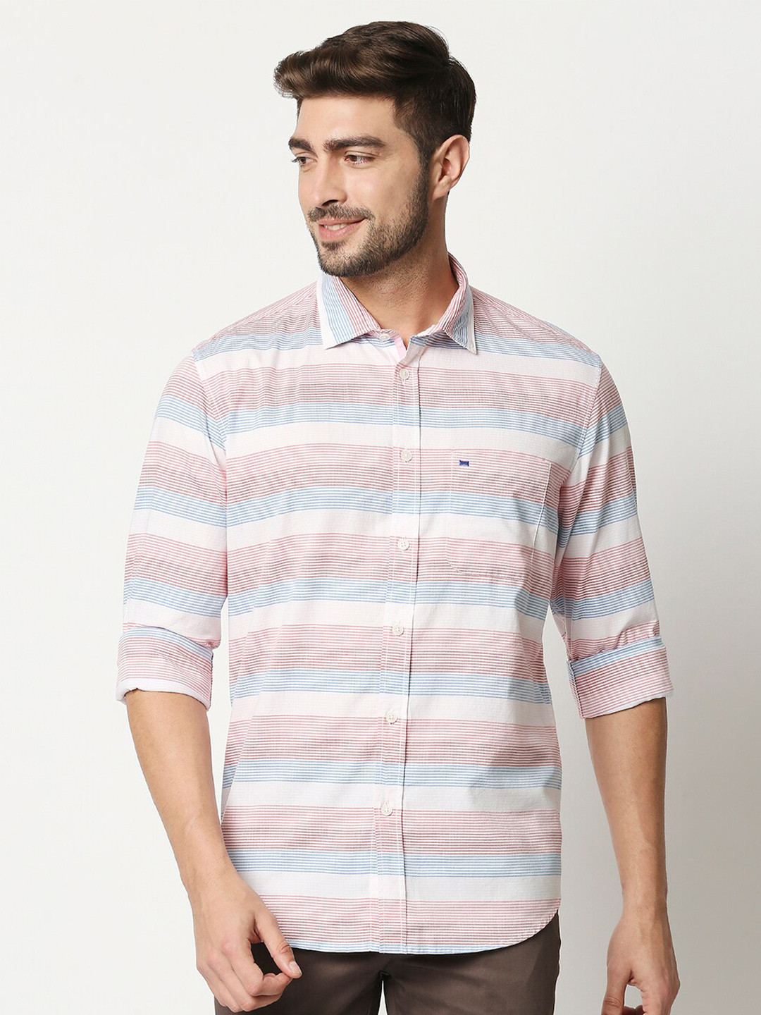 

Basics Men Pink Slim Fit Horizontal Stripes Striped Casual Shirt
