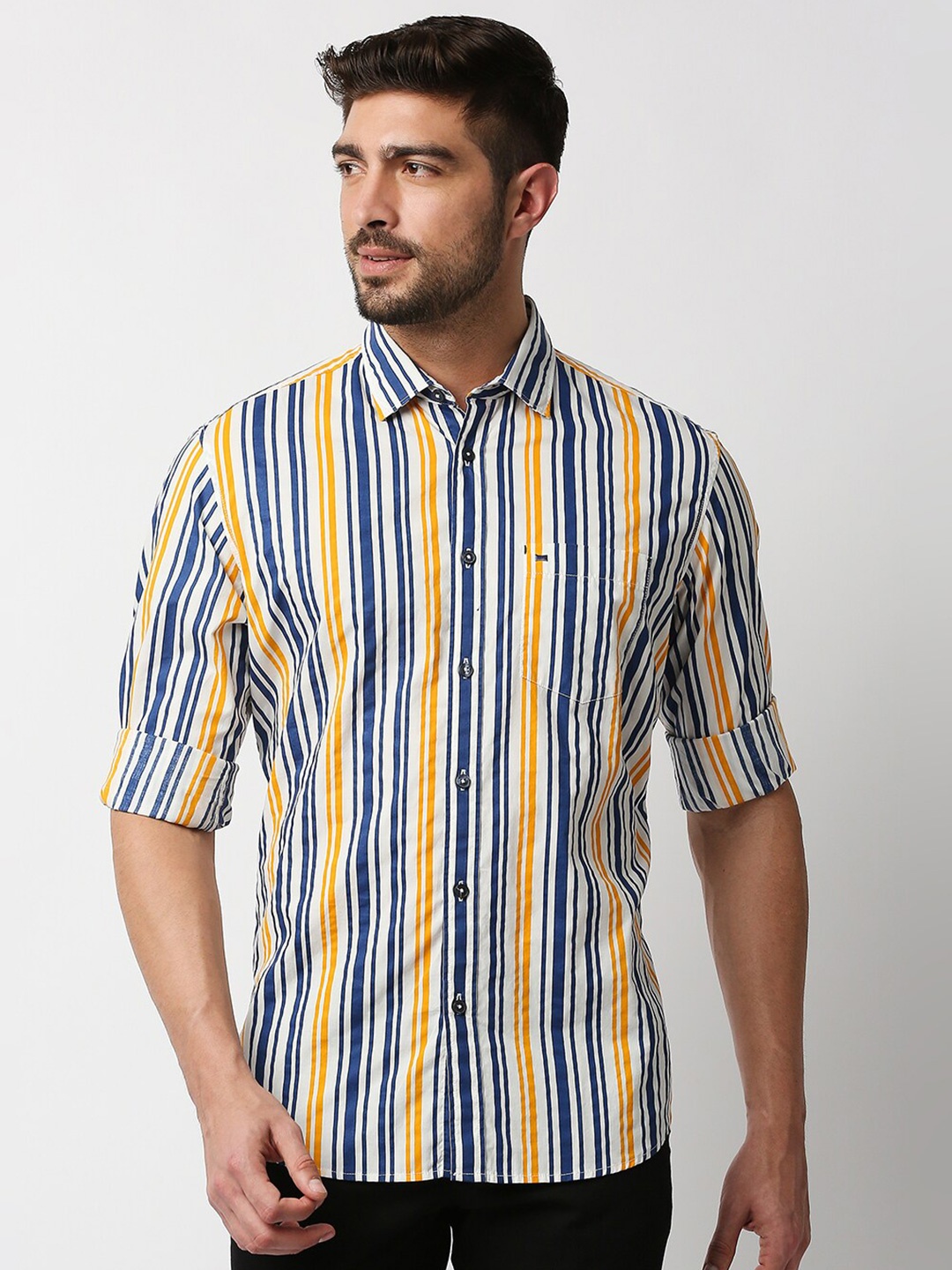 

Basics Men Navy Blue Slim Fit Multi Stripes Striped Casual Shirt