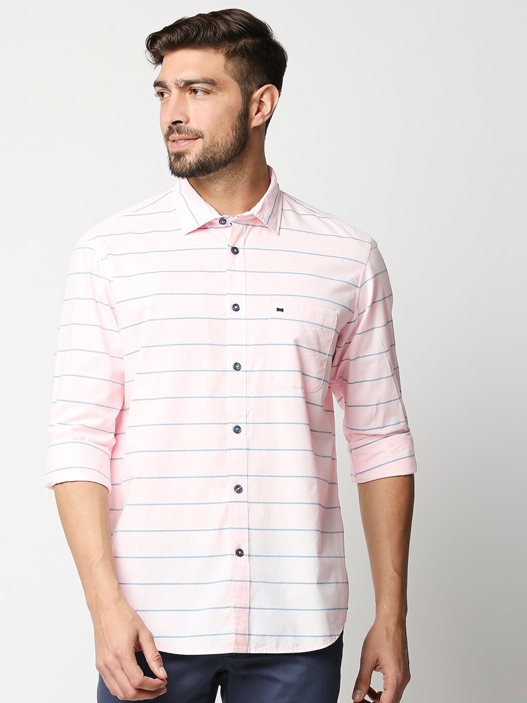 

Basics Men Pink Slim Fit Horizontal Stripes Pure Cotton Casual Shirt