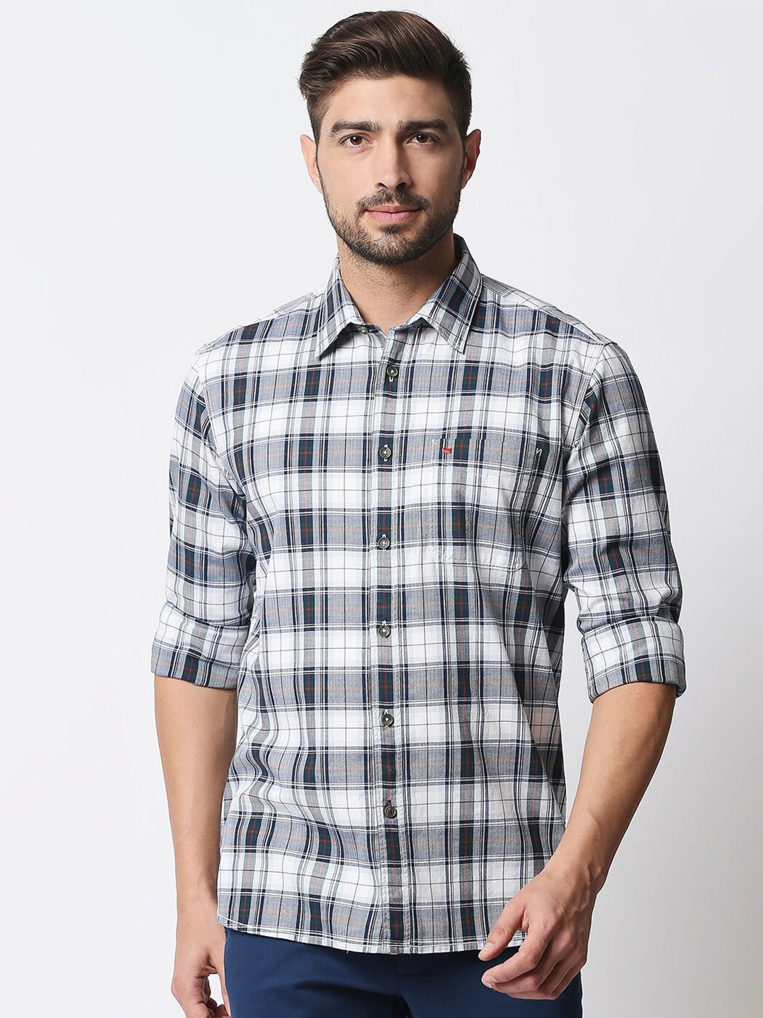 

Basics Men Green Slim Fit Tartan Checks Casual Shirt