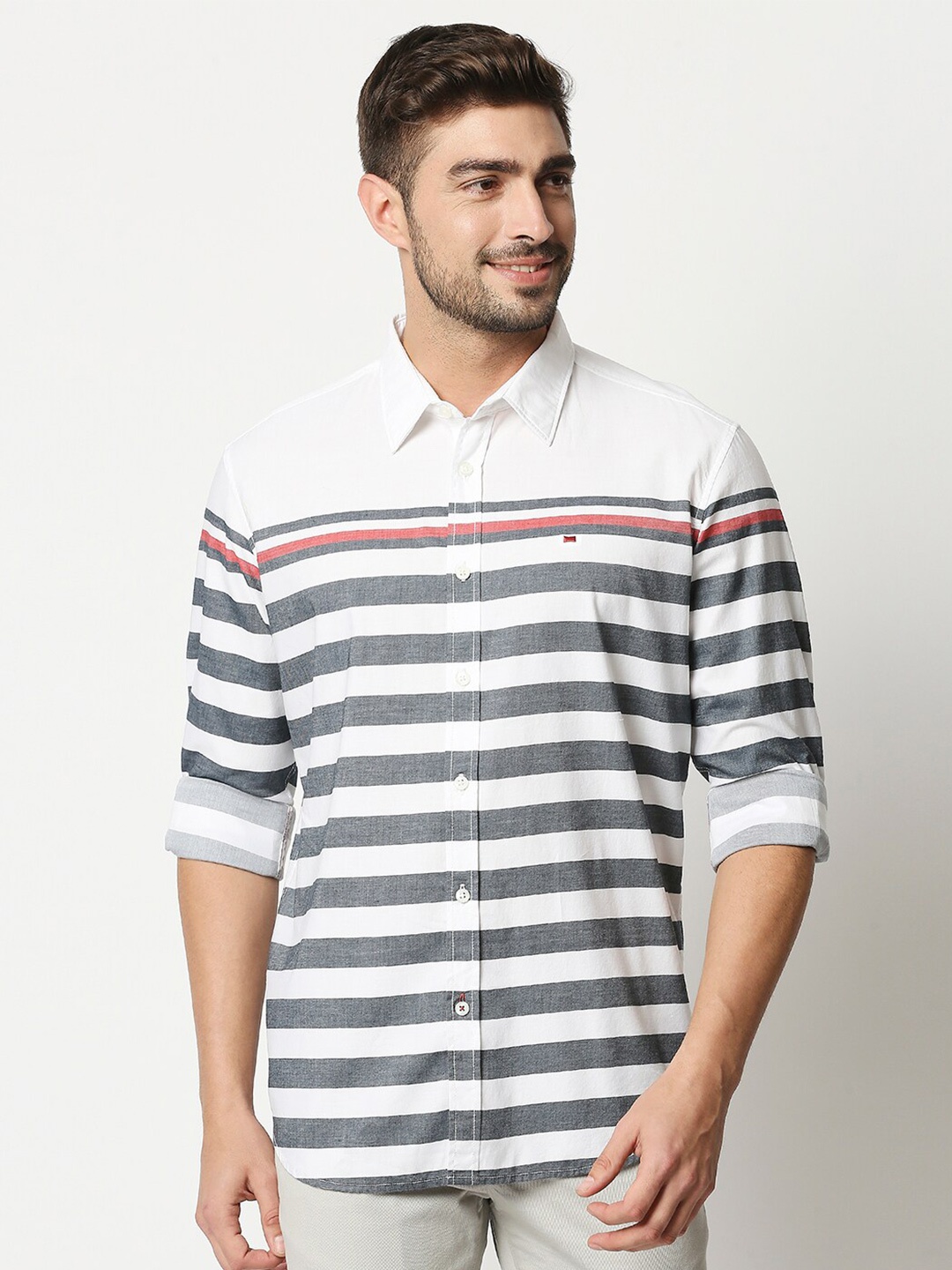 

Basics Men White Slim Fit Horizontal Striped Pure Cotton Casual Shirt