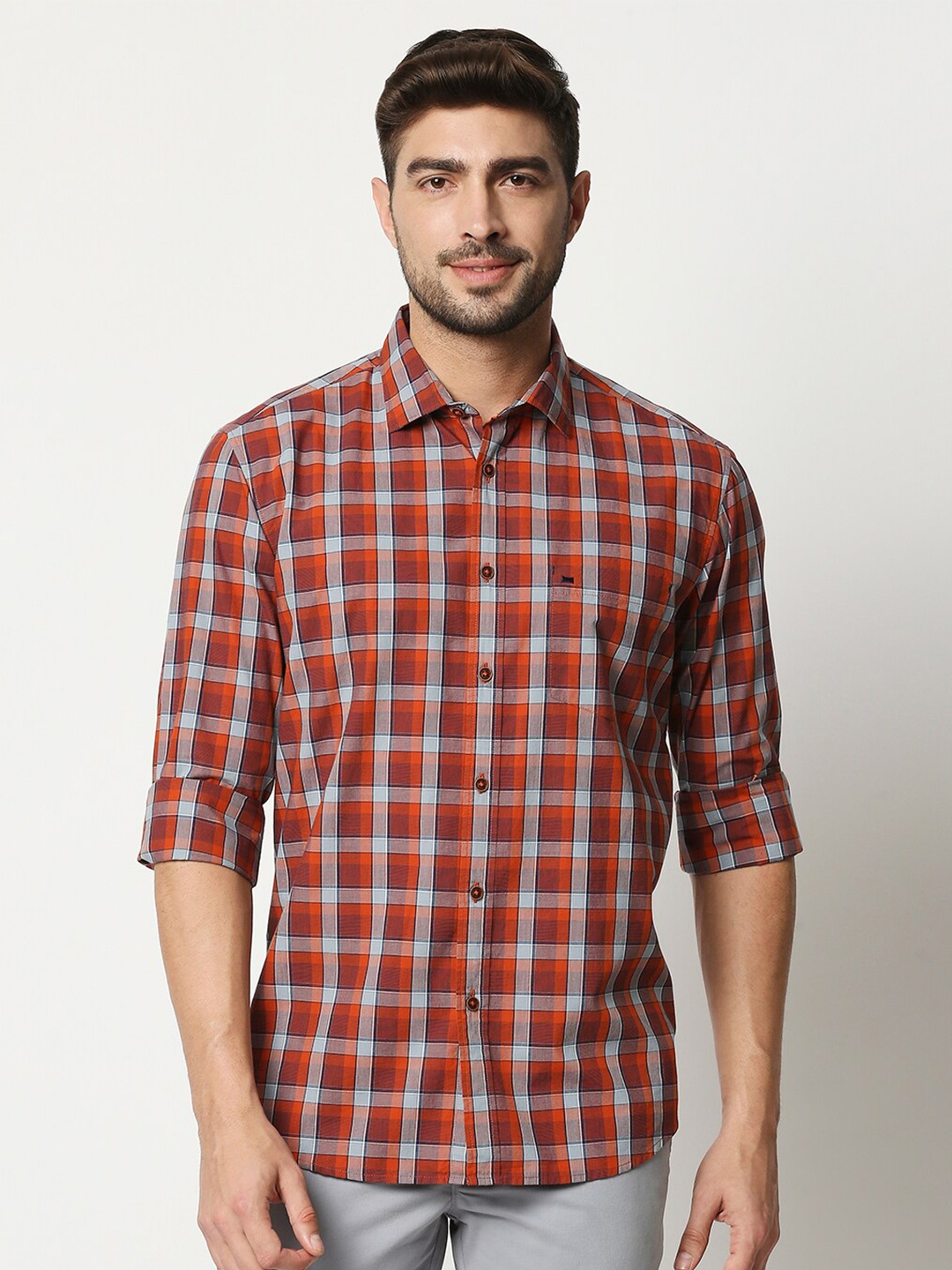 

Basics Men Orange Slim Fit Checked Cotton Casual Shirt