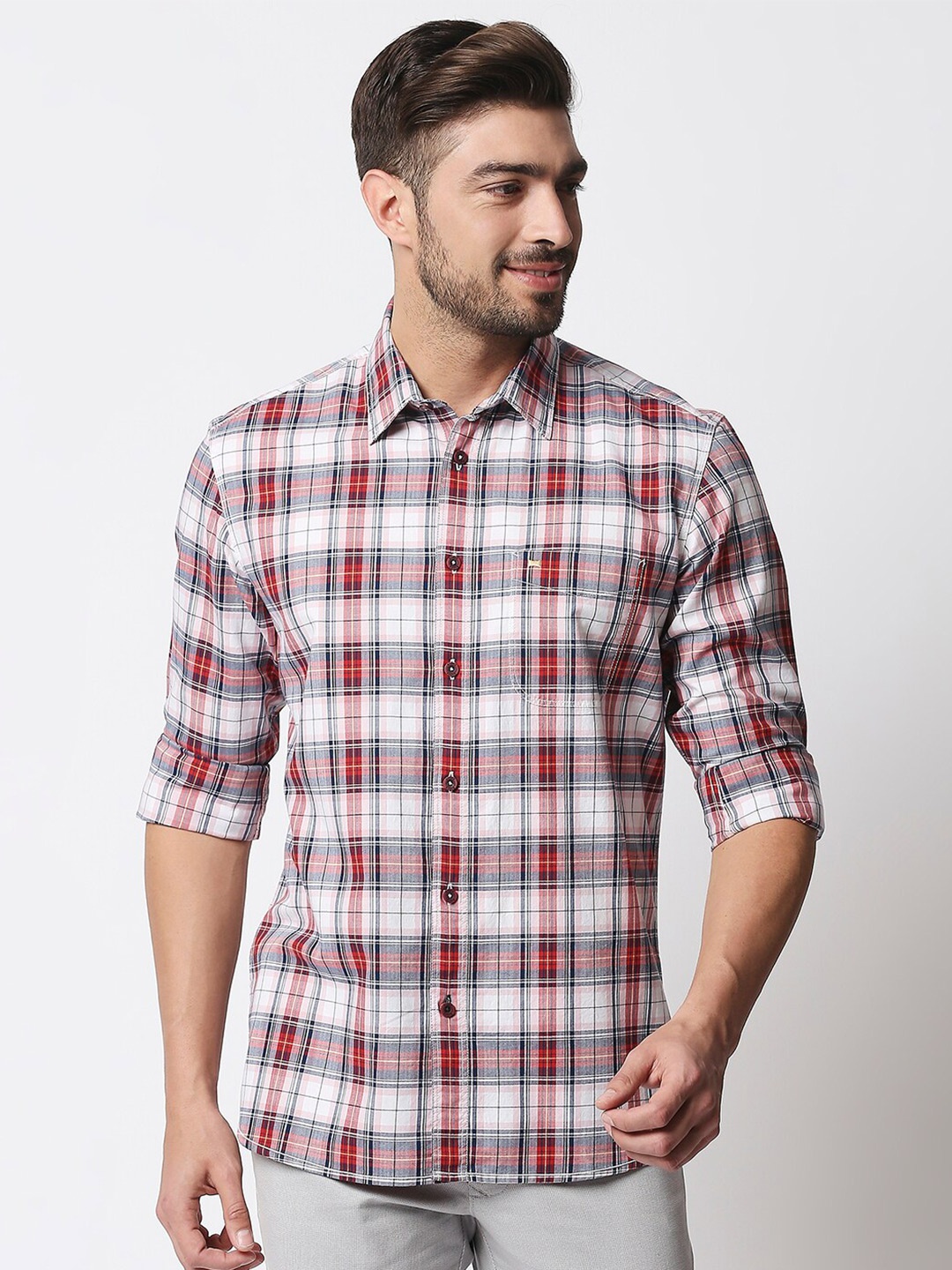 

Basics Men Red Slim Fit Tartan Checks Checked Casual Shirt