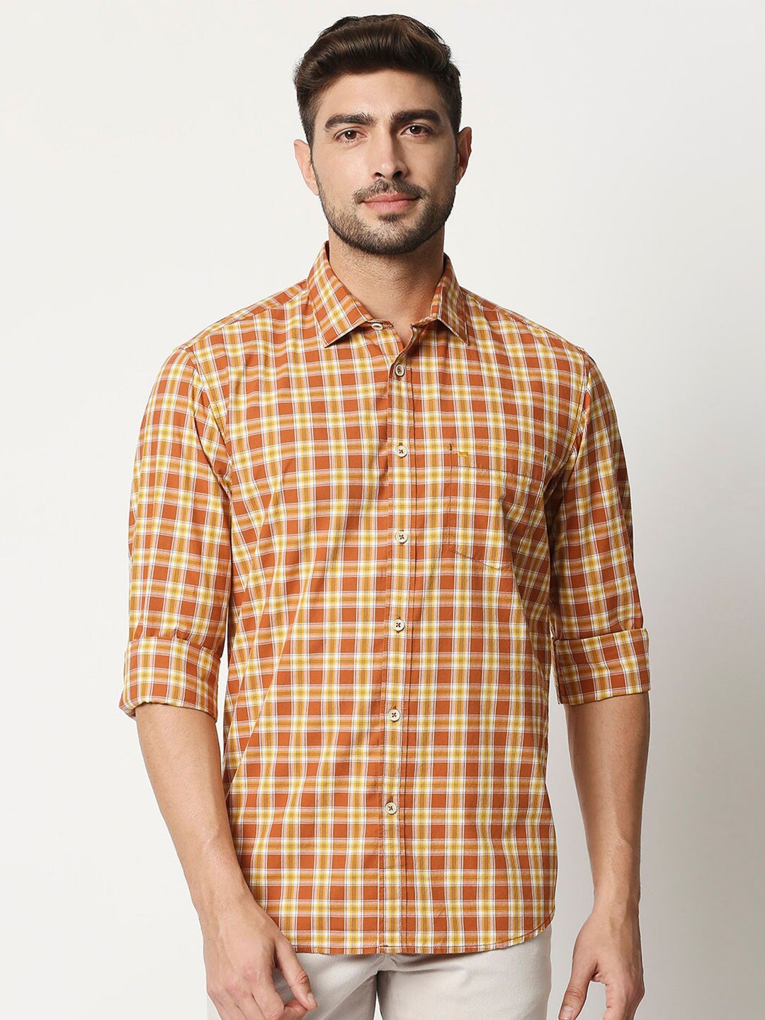

Basics Men Orange Slim Fit Checked Cotton Casual Shirt