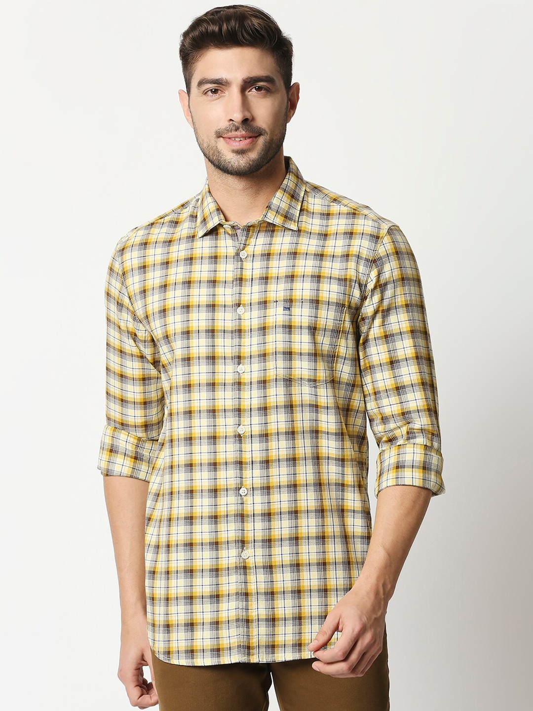 

Basics Men Yellow Slim Fit Checked Cotton Casual Shirt