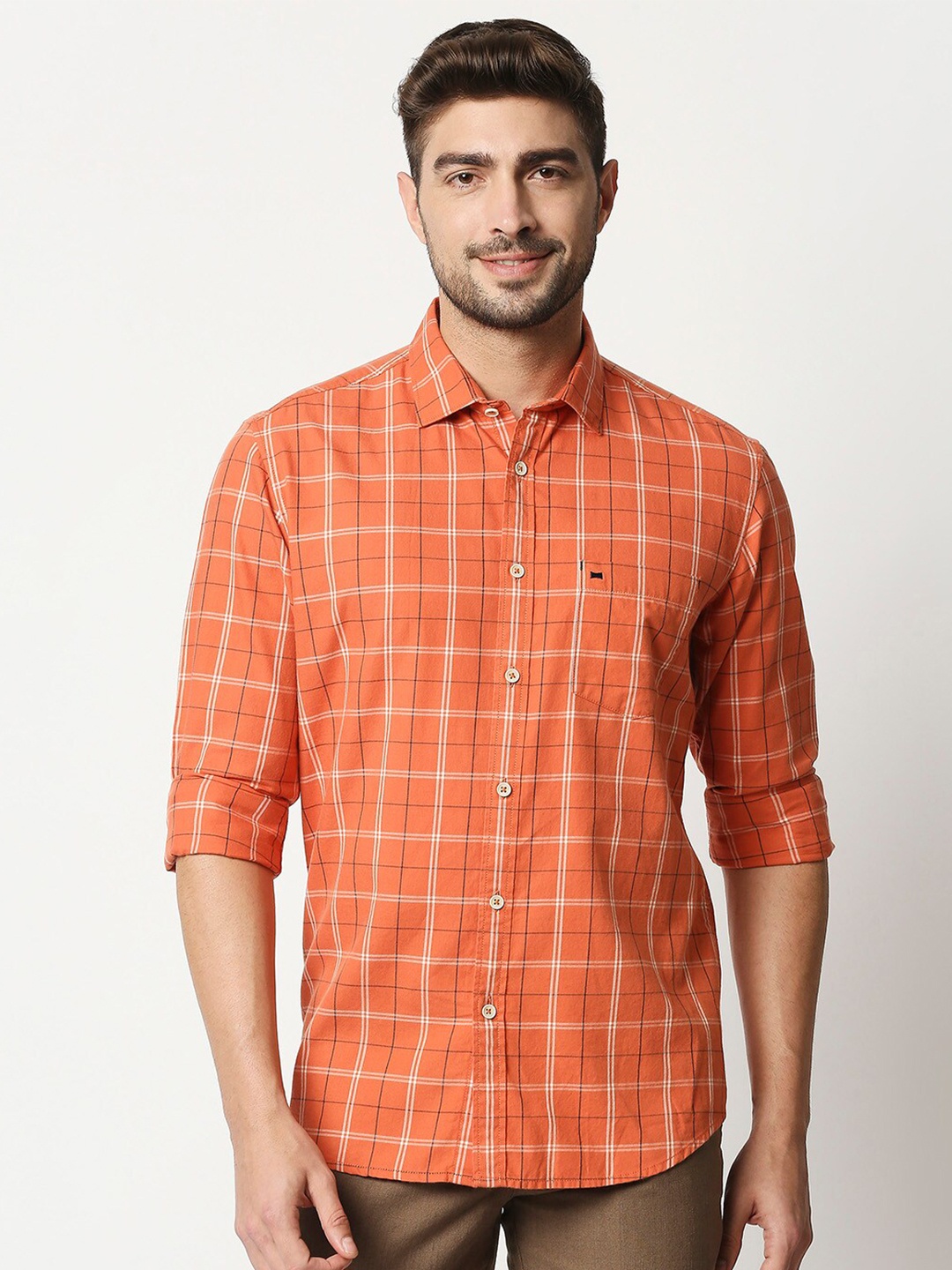 

Basics Men Orange Slim Fit Tartan Checks Checked Casual Shirt